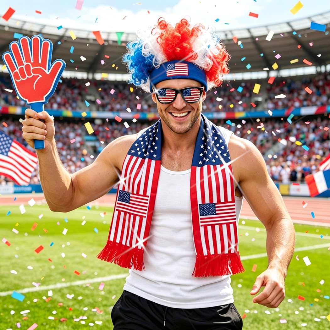 BODIY Soccer Sport Match Flag Head Accessories Football Fans Wig Flags Scarf Game Day Glasses for Men and Women (America)