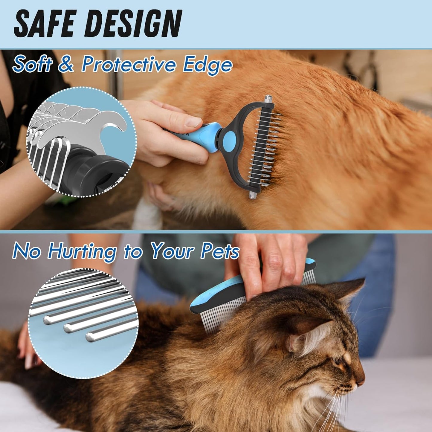 Pet Grooming Combo - Blue Deshedding Brush & Metal Comb for Detangling Long Matted Fur | Ideal for Cats & Dogs