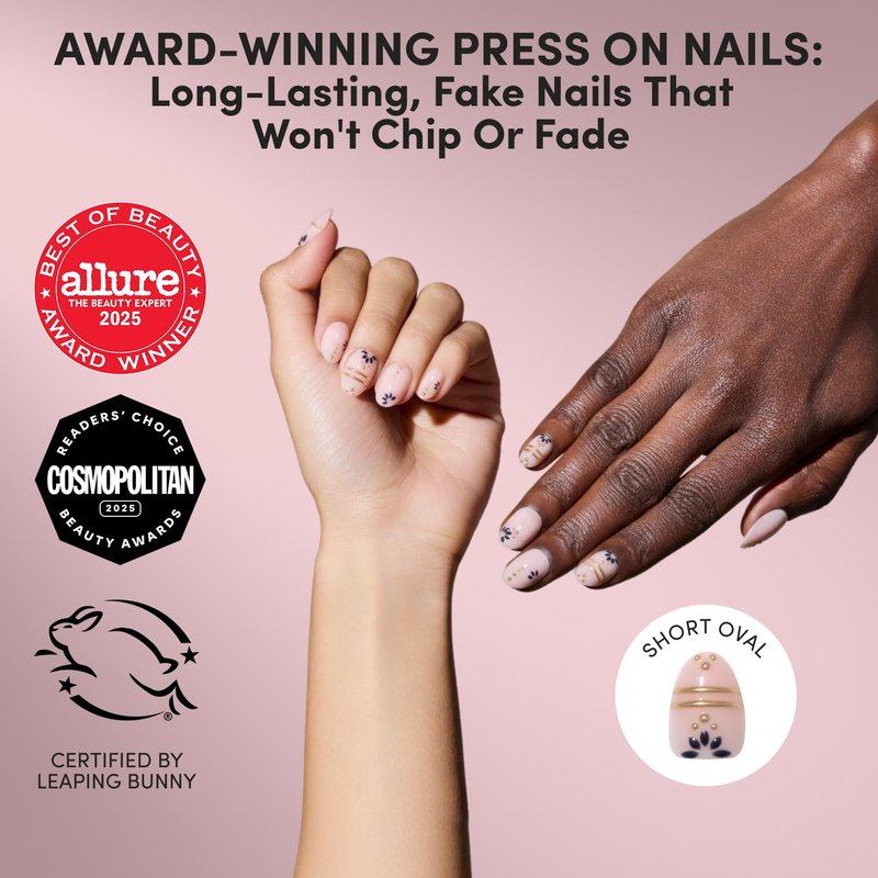 Glamnetic Press On Nails - Short Oval Greek-Inspired Patterns with Gold Foil | 30 Nail Kit with Glue, 15 Sizes