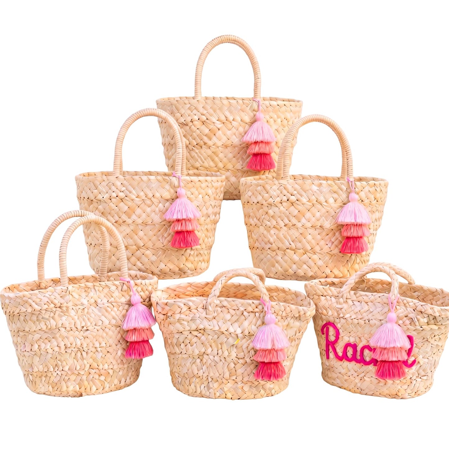Abbylike 6 Pcs Mini Straw Tote Bags with Tassel Keychains, Woven Beach Handbags with Lining DIY Handmade Gift Bags for Bachelorette Party, Bridal Shower, Beach, Picnic & Girls Trip