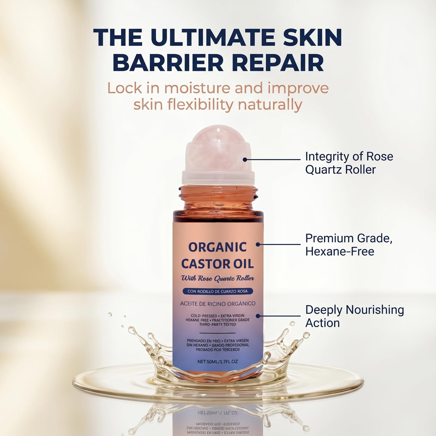 BXHSYD Organic Castor Oil Rose Quartz Roller Ball, 100% Pure Cold-Pressed, Hexane-Free, Organic Castor Oil Rose Quartz Roller Ball, Thicker Lashes, Brows & Skin, 1.7oz