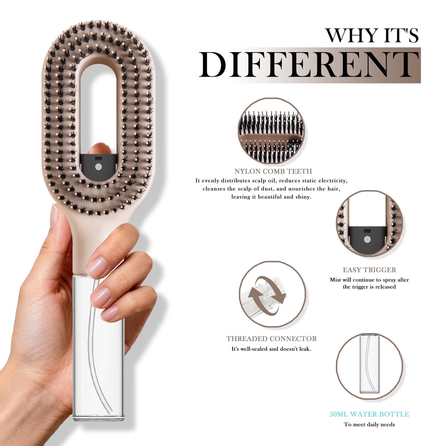 2-in-1 Manual Non-Electric Detangler Hair Brush with Built-In Mister Spray, Wet & Dry Detangling Brush for Curly, Wavy & Straight Hair, No-Tangle Anti-Frizz Brush，Reservoir 50ml.(Khaki)