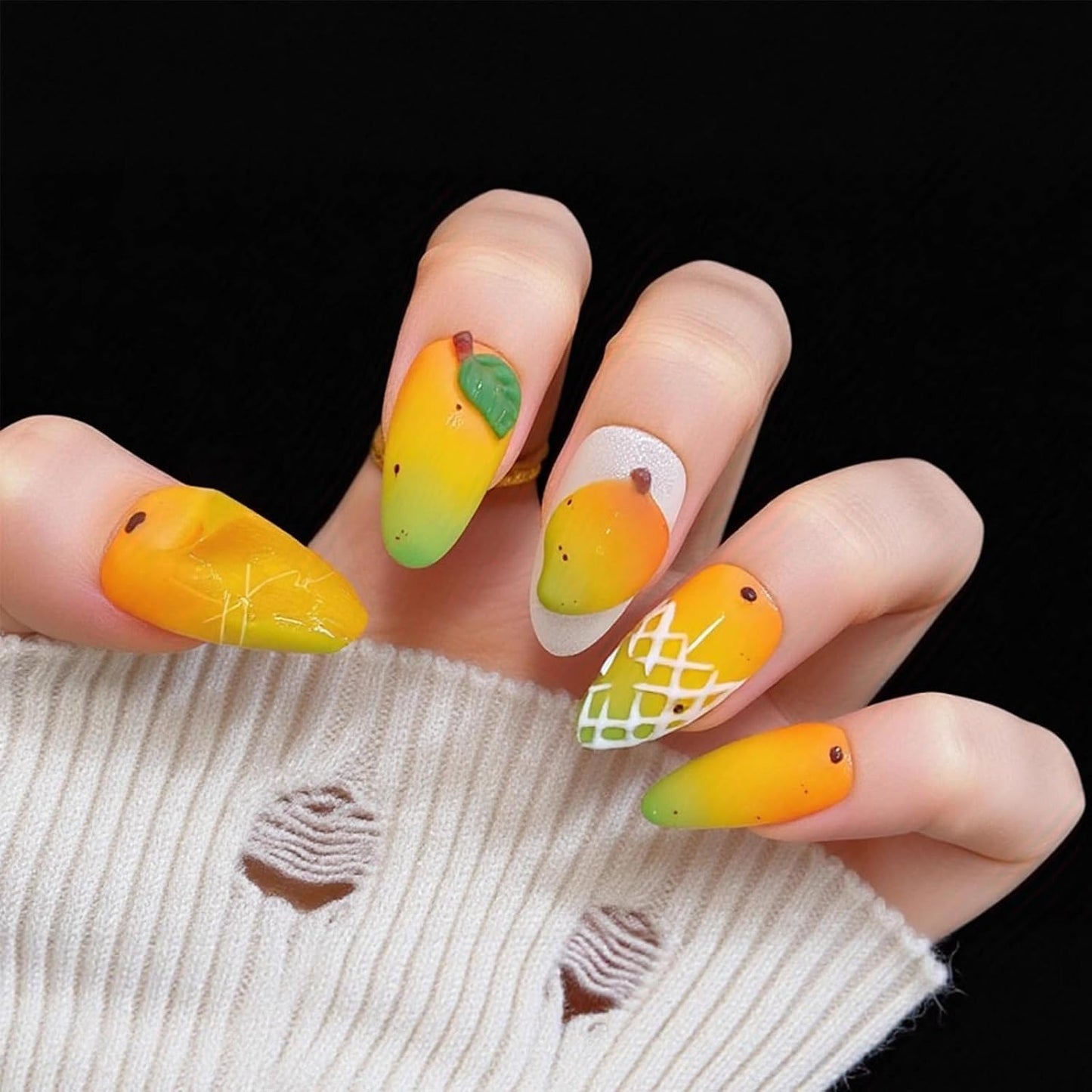 Colorful Gradient Press-On Nails - Medium Almond Summer Sunset | Reusable Glossy Full Cover 24 Pcs with Adhesive Stickers