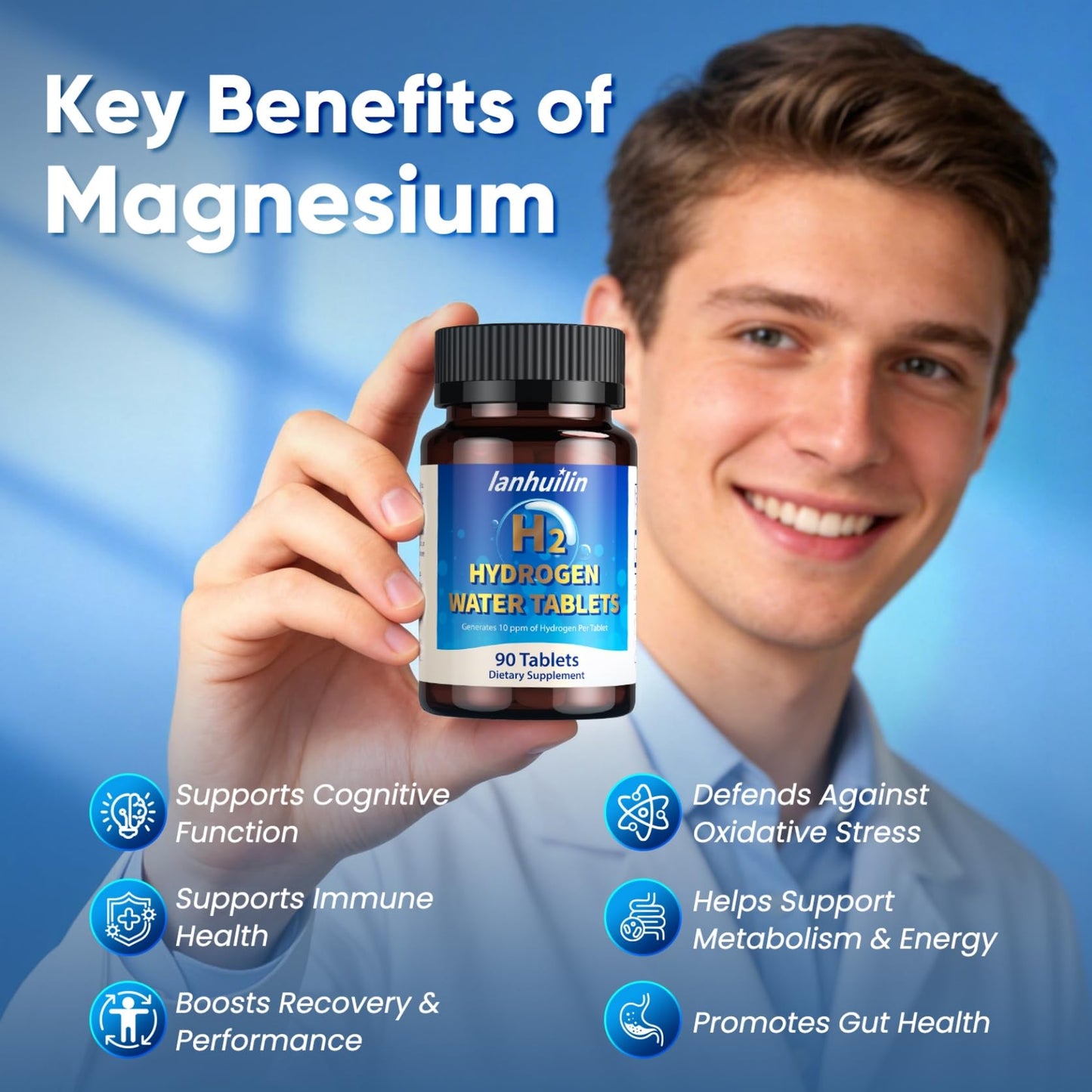 Hydrogen Water Tablets with 150MG Magnesium, 10 PPM H2 Hydrogen Tablets for Drinking Water, Rich in Antioxidants, Supports Cellular Health, Recovery, Immune & Brain Cognitive Function (90 Servings)