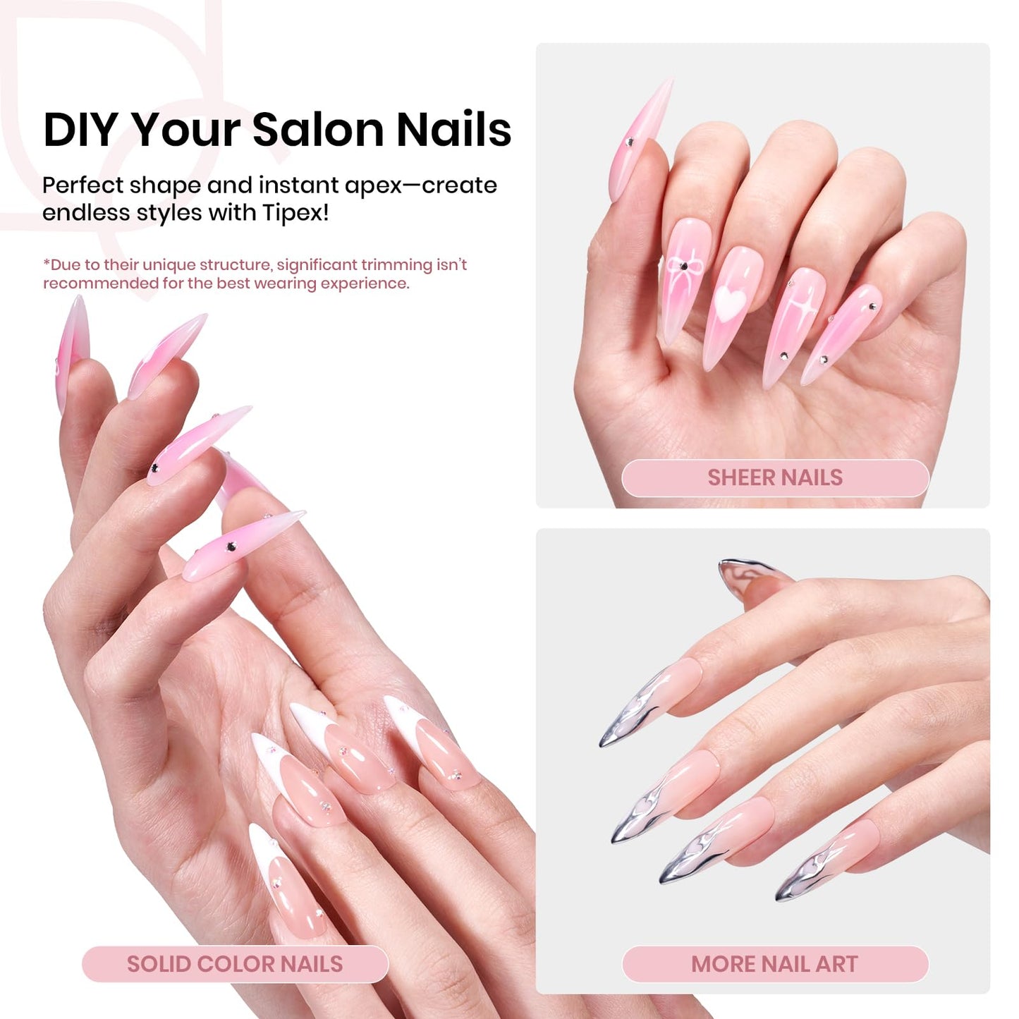 Beetles Tipex Instant Apex Nail Tips, Long Stiletto, 16 Sizes 00–14, 192pcs, No Builder Gel Required, Thicker Strong Acrylic Tips for DIY Salon-look Extensions