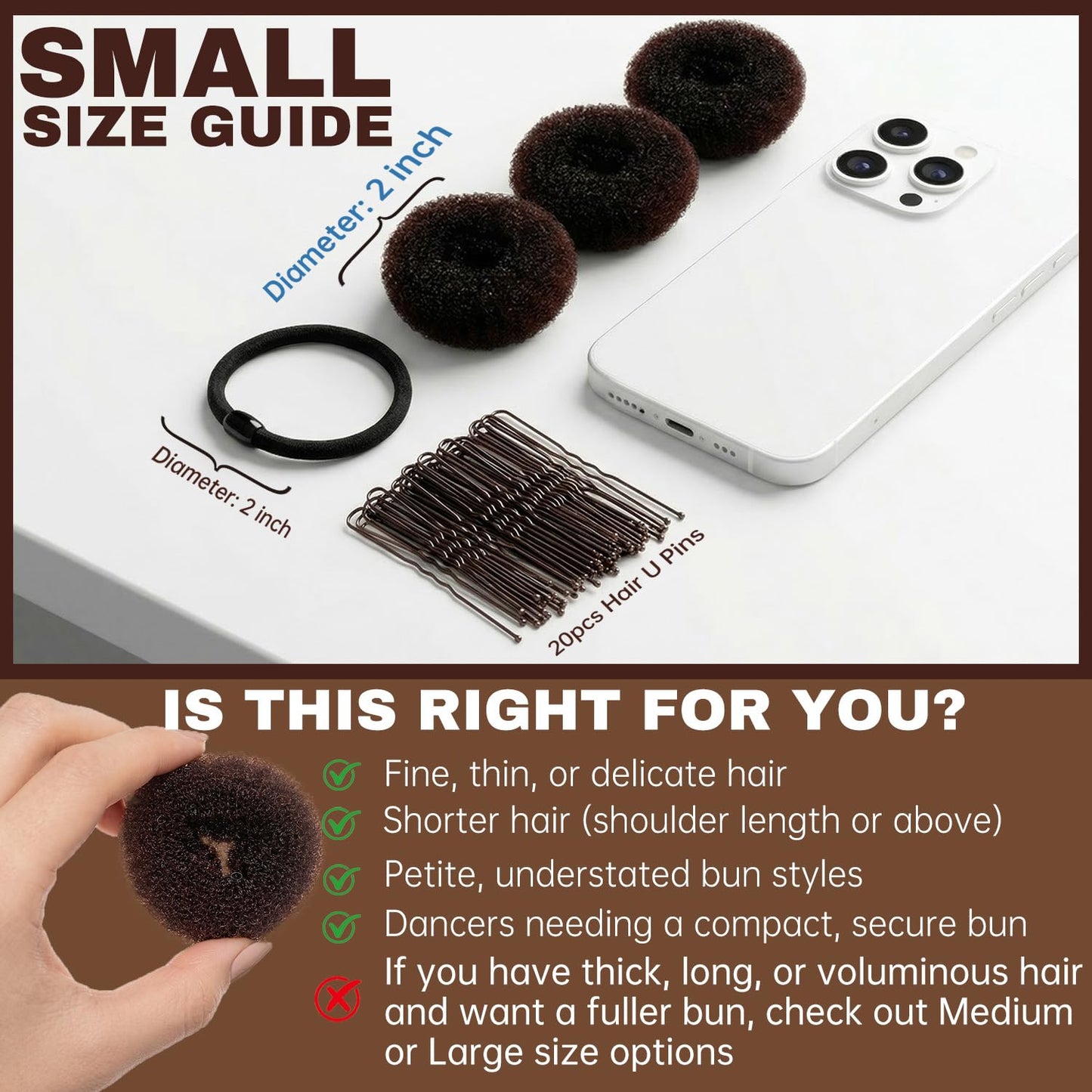 Small Hair Donut Bun Maker - 6pcs Chignon Ring for Thin Hair | Includes 5 Hair Ties & 20 U Pins (Brown)