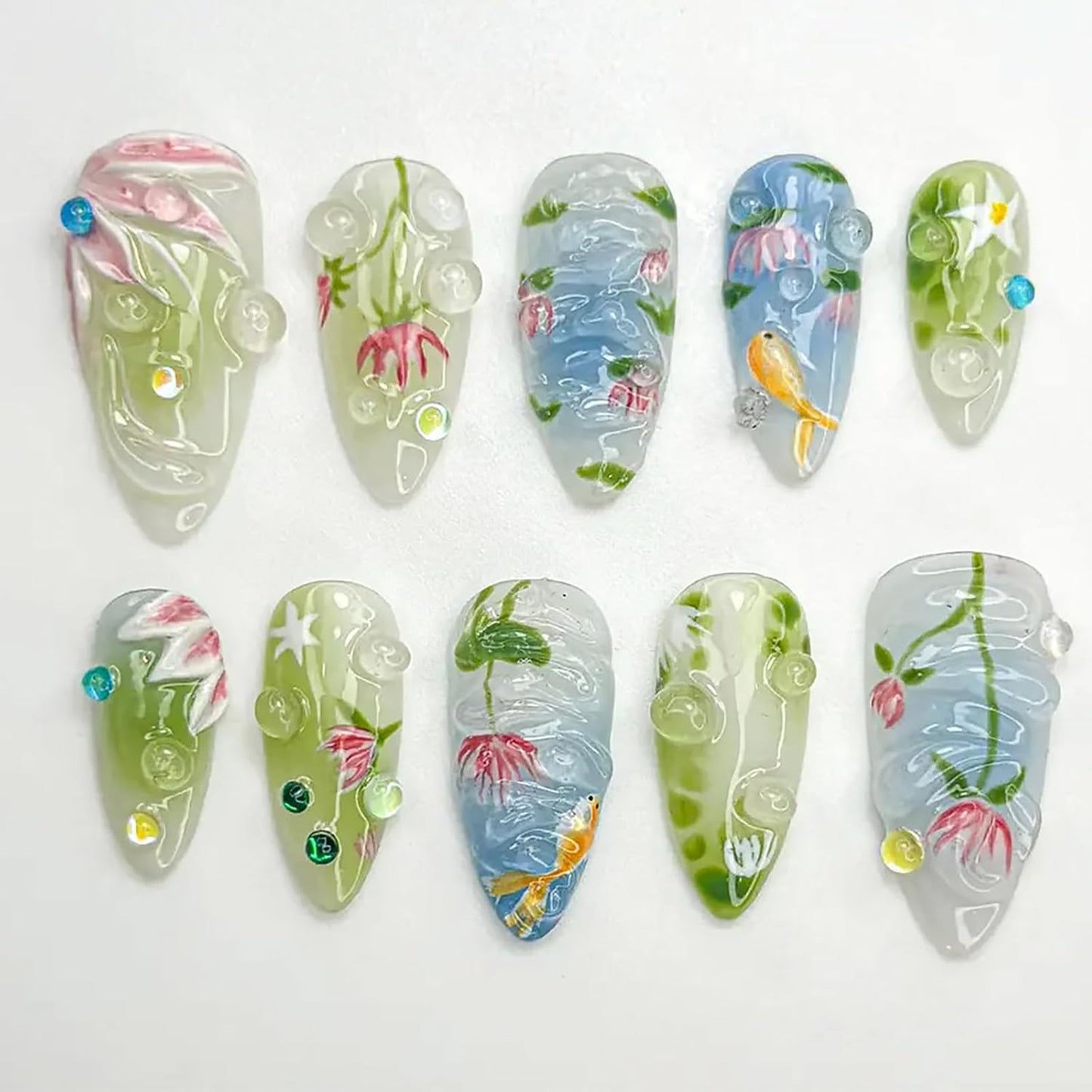 Floral Press-On Nails - 24Pcs Short Almond Acrylic with 3D Ocean Seashell & Turtle Design | Blue Sea Full Cover for Women