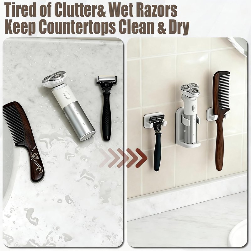 mioluo 2pcs Razor Holder for Shower, Self-Adhesive Shower Razors Holder Removable No Drilling Holes Blade Razor Holder Hook for Shower,White