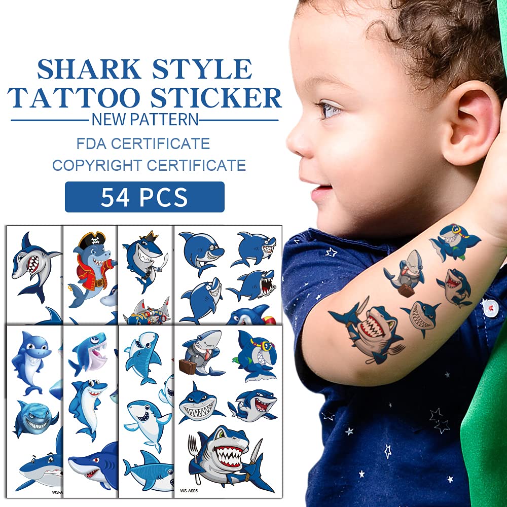 54Pcs Shark Temporary Tattoos, Under Ocean Fish Animals Fake Tattoo Stickers Decorations, Home Activity Classroom School Prizes Rewards, Birthday Party Favor Supplies