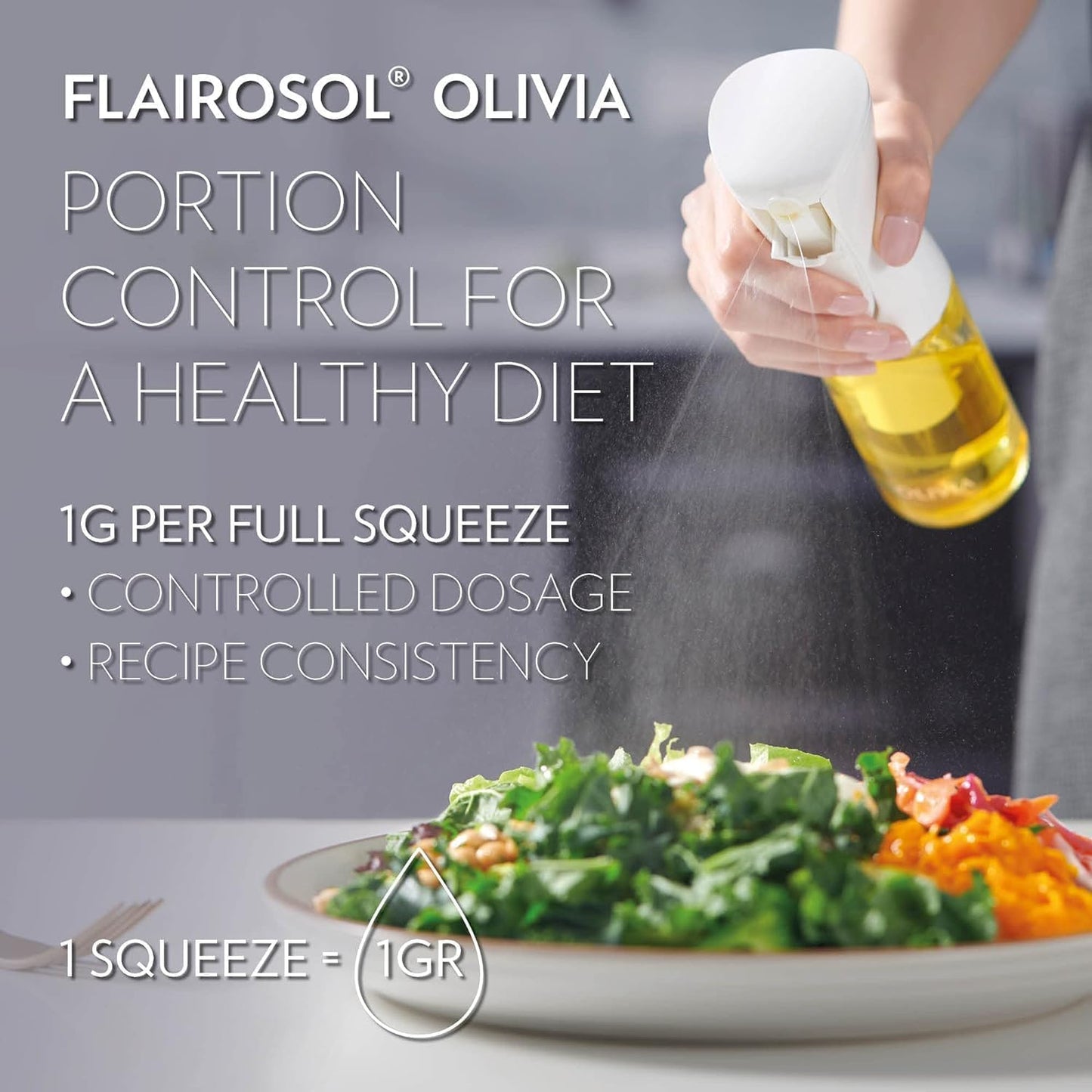 Advanced Kitchen Oil Sprayer - Flairosol Technology for Fine Mist & Portion Control | Refillable Glass Olive Oil Bottle, 130ml (Golden Leaves)