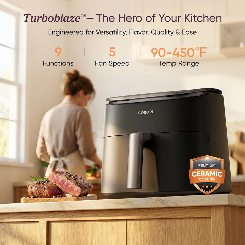 Cosori 9-in-1 Air Fryer - 6 Qt PFAS-Free Ceramic Coating, Precise Heating | Dark Gray