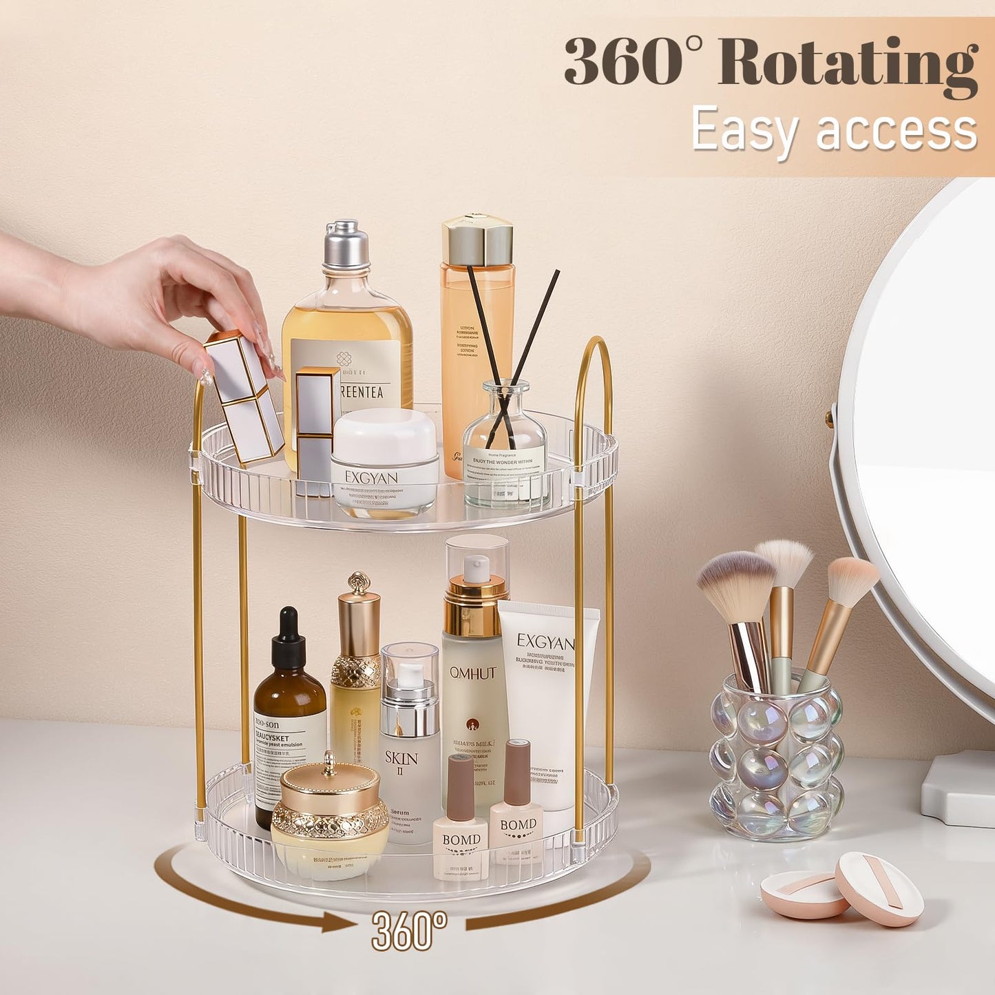 360° Rotating Makeup Organizer 2 Tier Large Capacity Perfume Skincare Tray for Dresser Spinning Bathroom Counter Organizer for Vanity Lazy Susan Turntable Storage for Kitchen, Clear