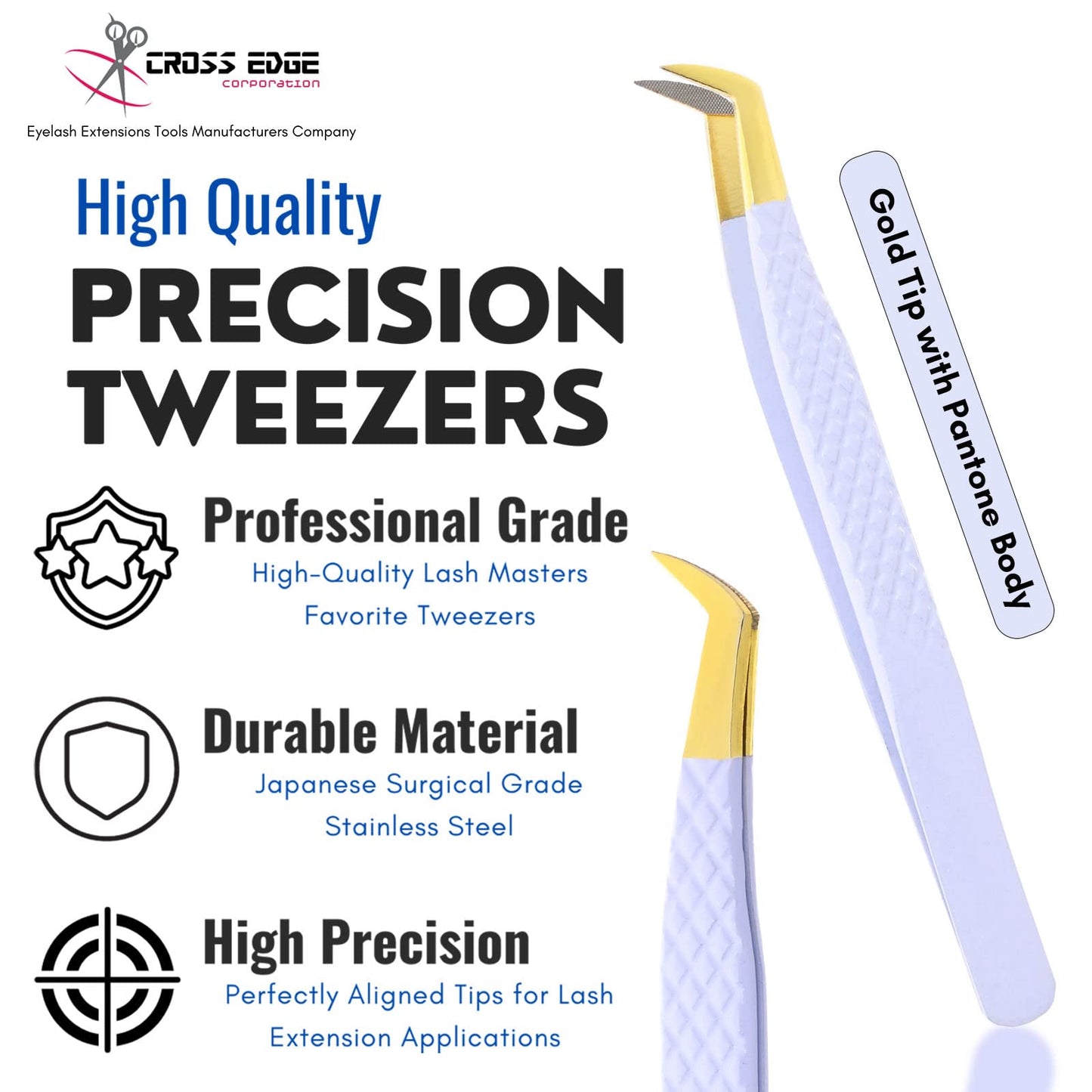 Fiber Tip Lash Tweezer for Eyelash Extensions — 12cm Volume Lash Tweezer for Volume Fan Application | Lightweight Stainless Steel, White Finish | Cross Edge Corporation Lash Artist Tool