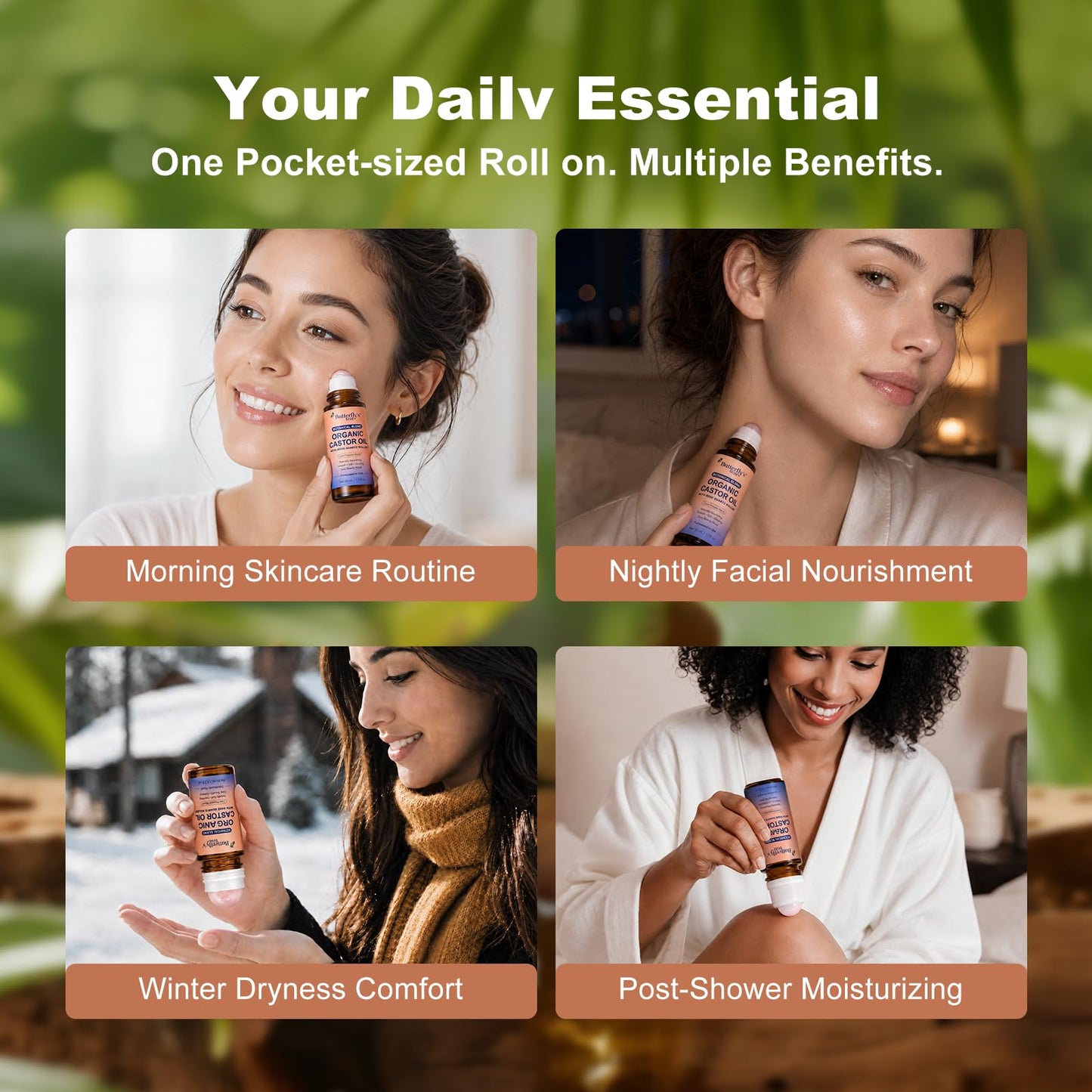 BUTTERFLY'S TEAR Organic Castor Oil with Rose Quartz Roller,100% Pure Cold-Pressed, Organic Castor Oil Roll On Rose Quartz,Hexane-Free,50Ml