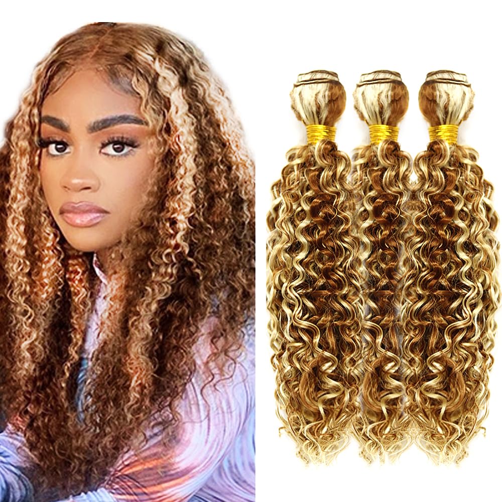 24 26 28 Inch P30/613 Highlight Blonde Bundles Human Hair 3 Bundles Brazilian Remy Hair 50 Grams/Bundle 10A Grade Unprocessed Virgin Hairs Water Wave Bundle Weaves Extensions