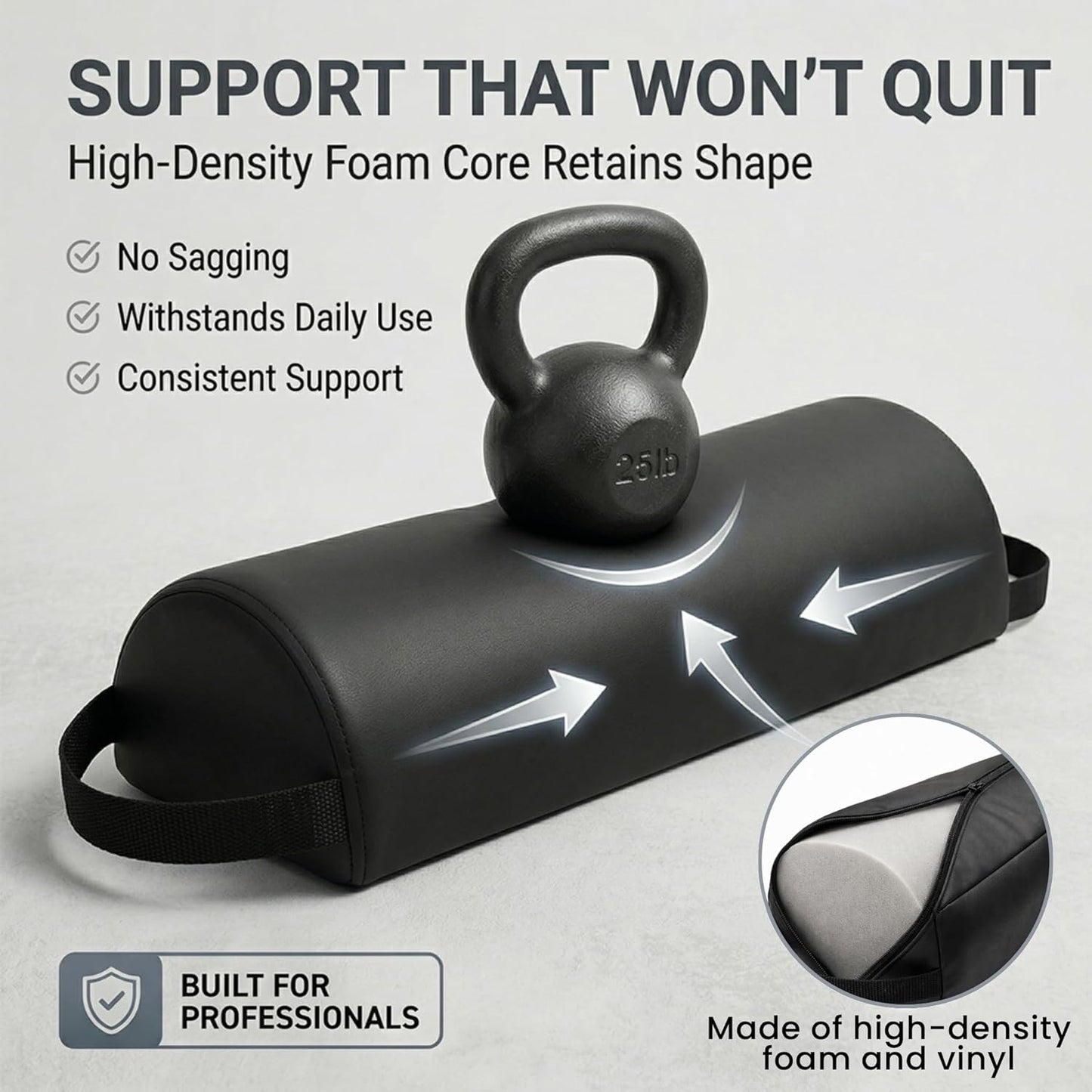 Premium Half-Round Neck Bolster Pillow - High-Density Foam Support Cushion for Massage Table | Black, 6"W x 3"H x 13"L