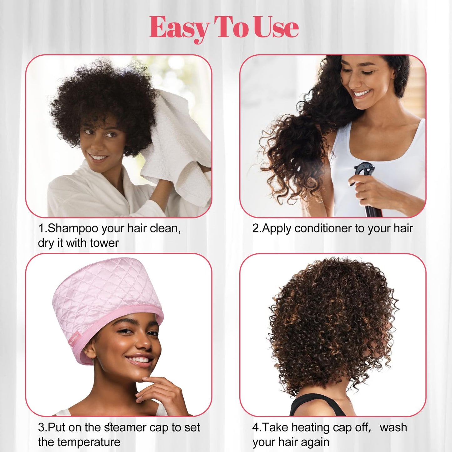 TEPENAR Hair Steamer for Deep Conditioning: Upgraded Heat Cap with 10-Level Fast Heating 3 Time Settings for Natural Hair Portable Thermal Steam Cap for Home Hair Treatment - Pink