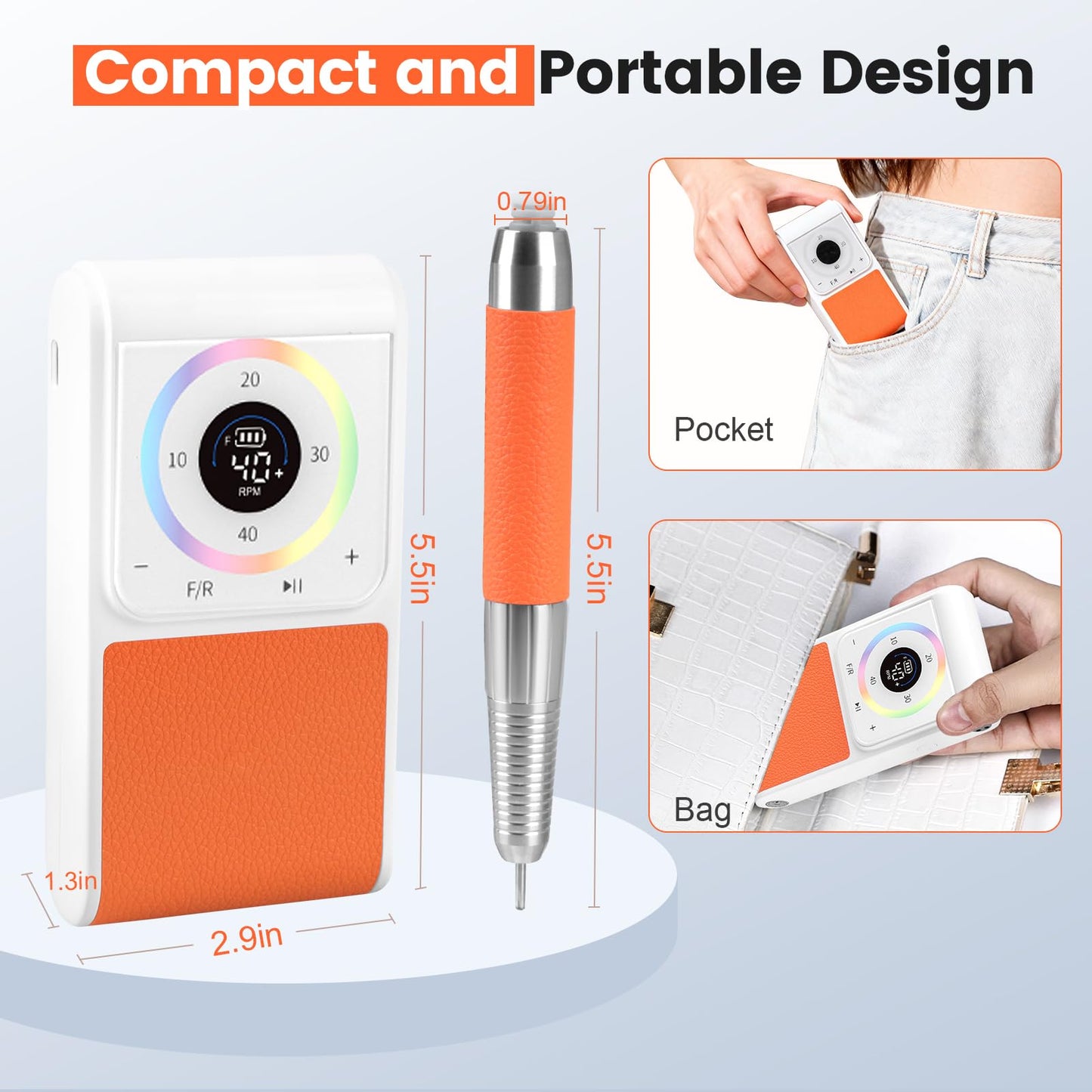 HoMove Professional Nail Drill, 40,000RPM Brushless Electric Nail File, Cordless Rechargeable Portable Nail Efile Machine