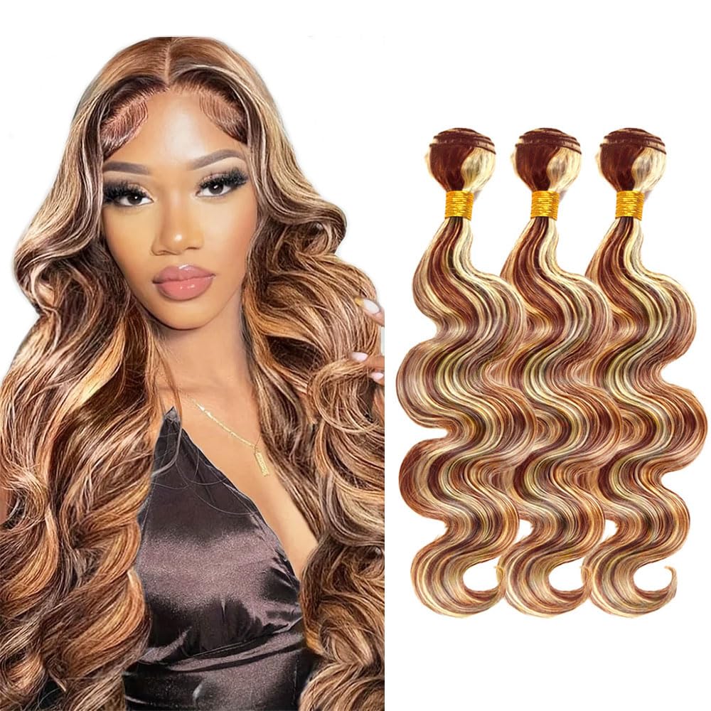 P33/613 Hilight Blonde Bundles Human Hair Body Wave Bundles 20 22 24 Inch Brown Bundles Unprocessed Brazilian Virgin Hair Deals Quick Weave Hair Extensions 3 Bundle 50 Gram Per Bundle