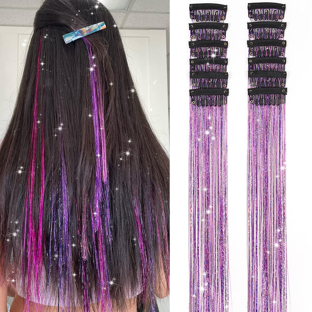Clip In Hair Tinsel Extensions - 20 Inch Glitter Strands for Festivals | 12 Pcs Black Dazzle Kit for Women & Girls