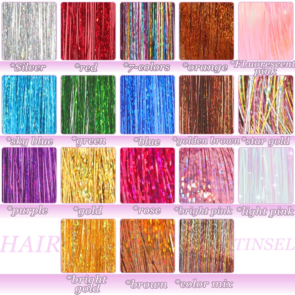Hair Tinsel Kit - Holographic Hair Extensions with 8600 Strands | 18 Colors, 48 Inch, Heat Resistant Sparkling Glitter for Parties