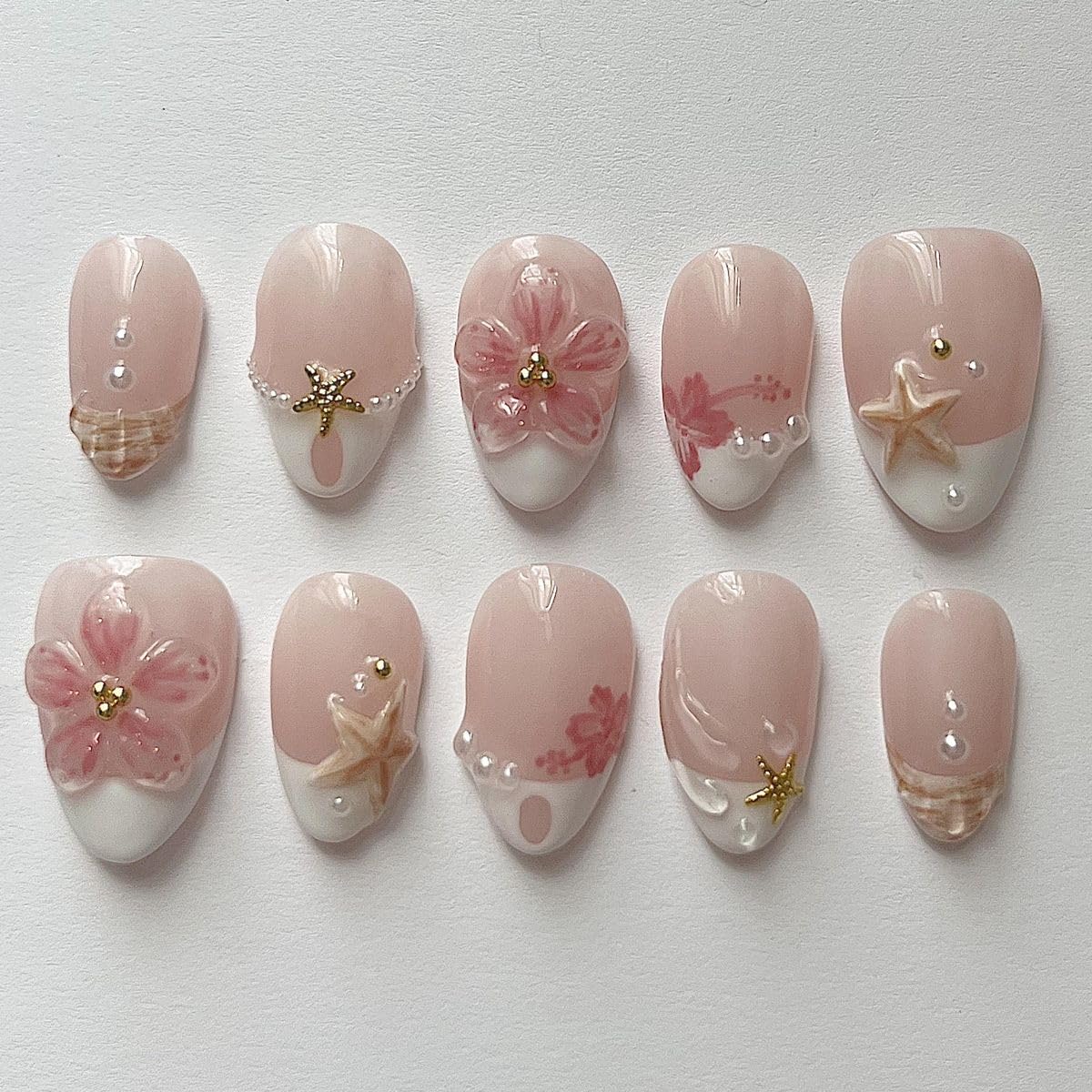 Cute Pink Flower Press-On Nails - Short Almond French Tip | 30 Pcs Reusable Glossy Acrylic with Pearl & Starfish Design