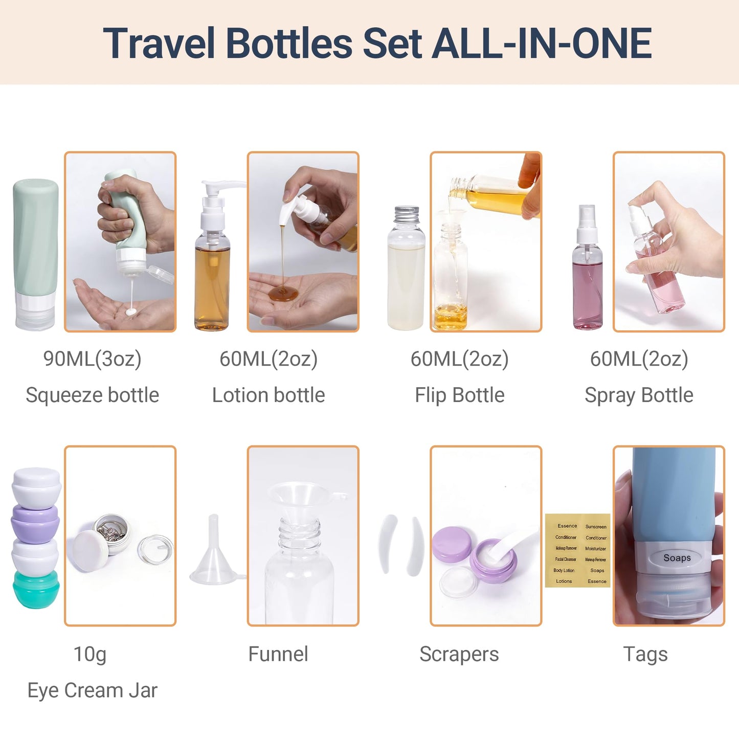 Xictuwey 16 Pack Travel Bottles for Toiletries, TSA Approved 3oz Leak Proof Refillable Silicone Squeezable Containers Kit for Shampoo Lotion Conditioner with Toiletry Bag