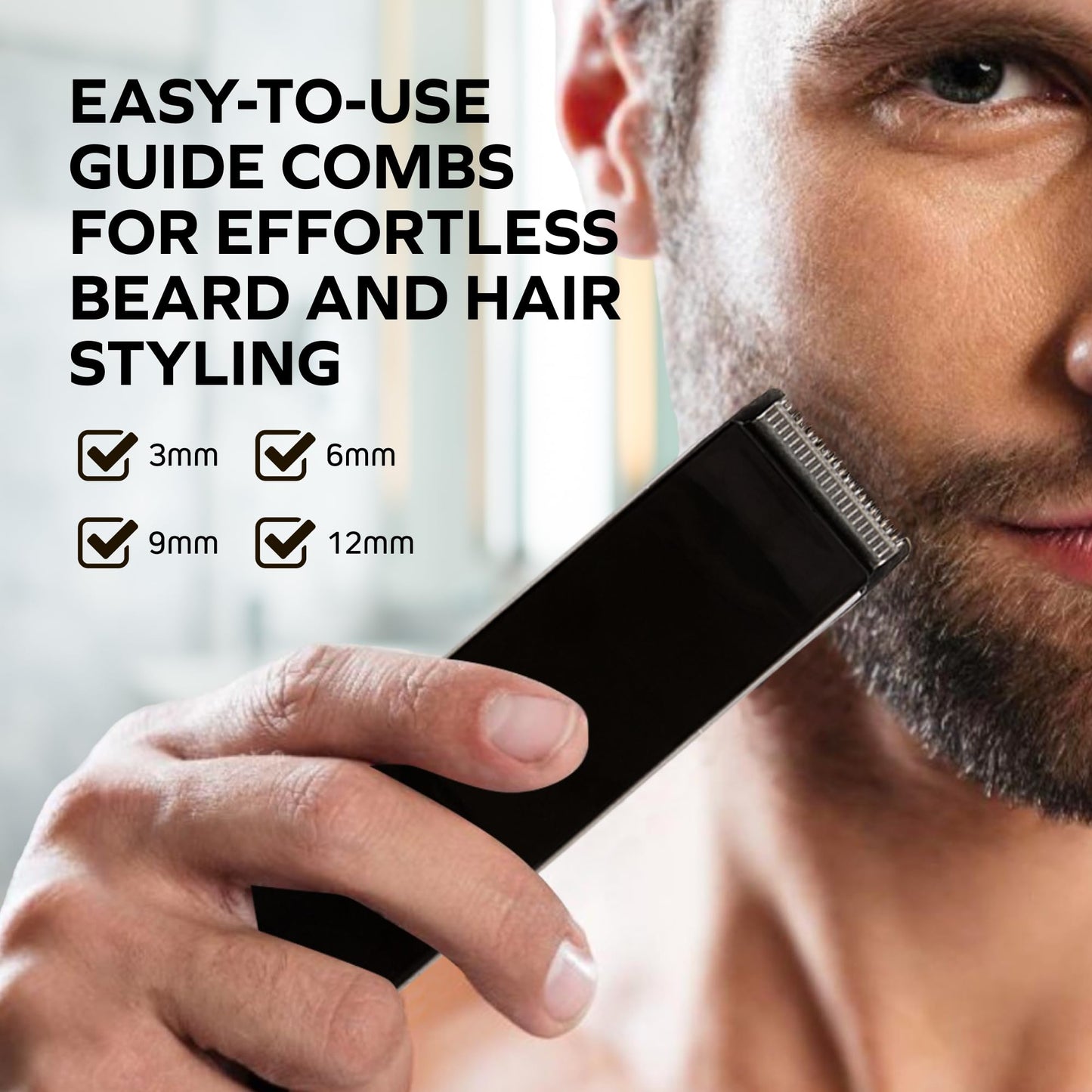 CHARGEWORX Beard & Hair Trimmer for Men, Rechargeable Cordless Grooming Kit with 4 Guide Combs (3–12mm), Stainless Steel Precision Blades, Mustache & Beard Trimmer with Charging Base