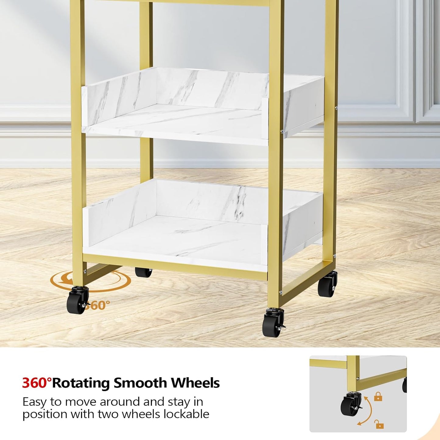 Salon Trolley Cart with Wheels - Mobile Storage Organizer for Beauty Spa | White Marble, 1 Drawer & 2 Trays