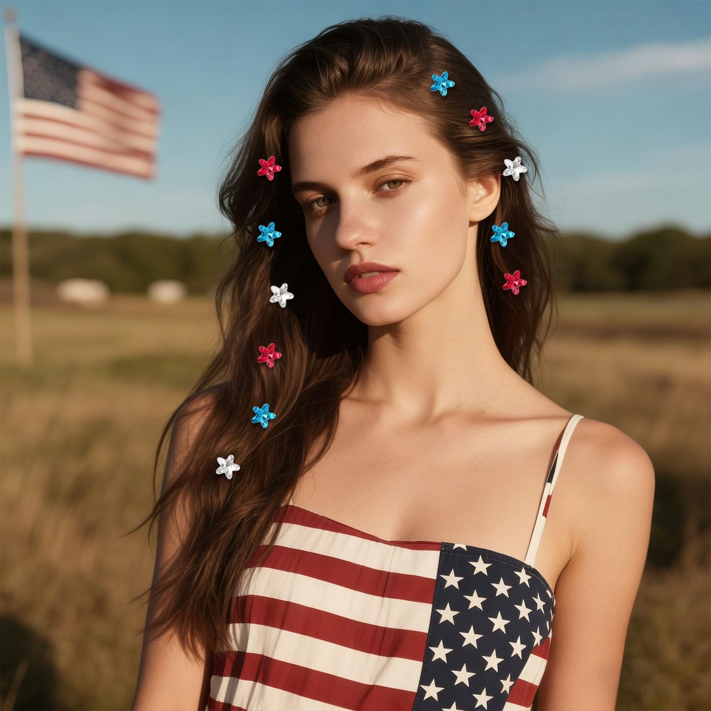 Oblihumoy 30Pcs 4th of July Red Blue White Hair Clips Rhinestone Star Small Hair Clip Independence Day Hair Accessories for Girls Women