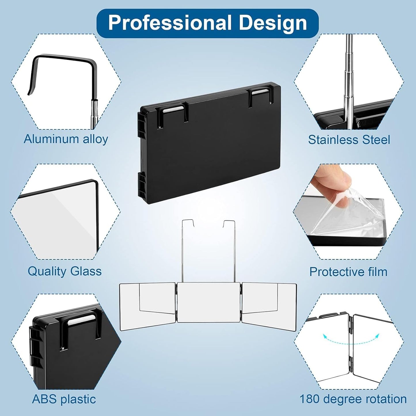 3-Way Mirror for Self Hair Cutting | 360° Tri-Fold Design with Adjustable Hooks (6.7" x 10.8")