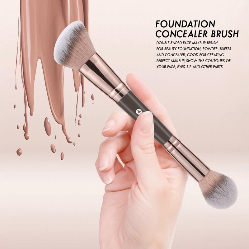 Double Ended Foundation Makeup Brush - Angled & Round Contour for Liquid, Powder, Blush | Brown