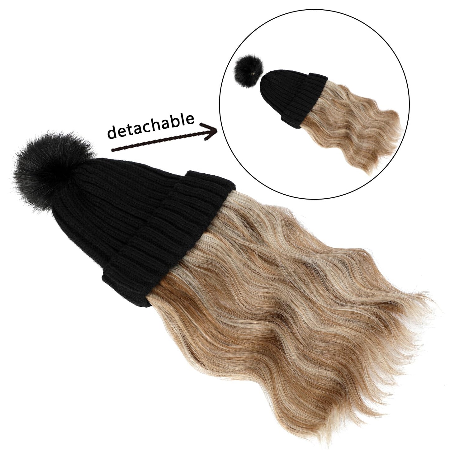 Cephermer Women Beanie Hat with Hair Attached Warm Knitted Pom Cap Attached 14inch Long Wavy Curly Hair Extensions Synthetic Hairpiece