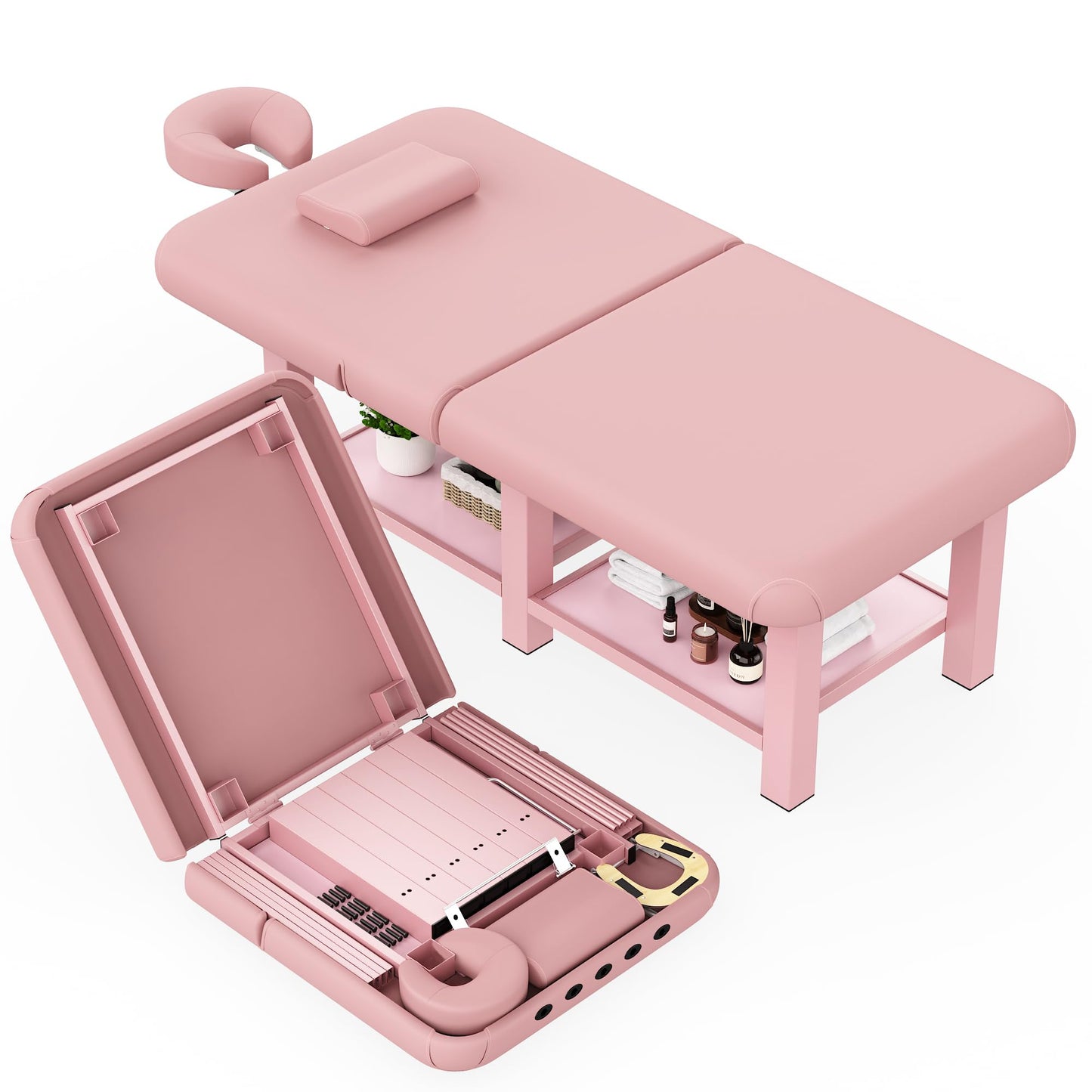 Extra Large 40in Width × 80in Length Folding Stationary Massage Table with Adjustable Backrest, Heavy-Duty Metal Frame for Spa, Physical Therapy, Tattoo, Medical Exam Use, Big-Boned Person - Pink