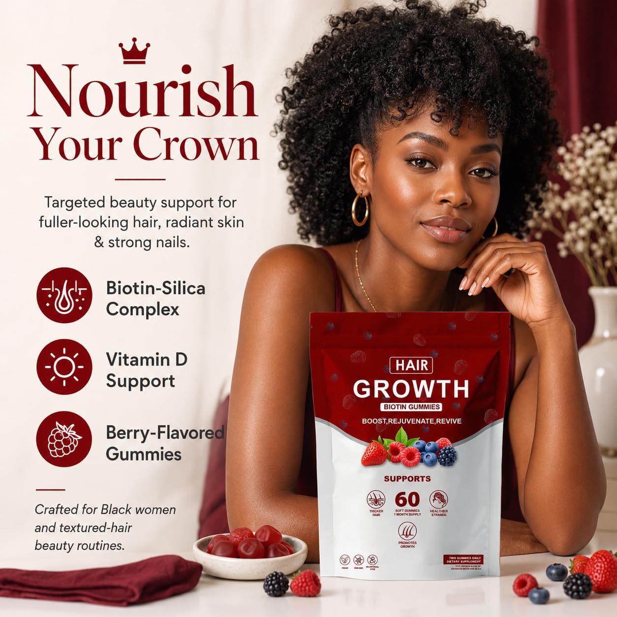 Hair Growth Gummies for Black Women - Biotin & Silica Complex (5000mcg) | Supports Hair, Skin & Nail Health, 60 Gummies