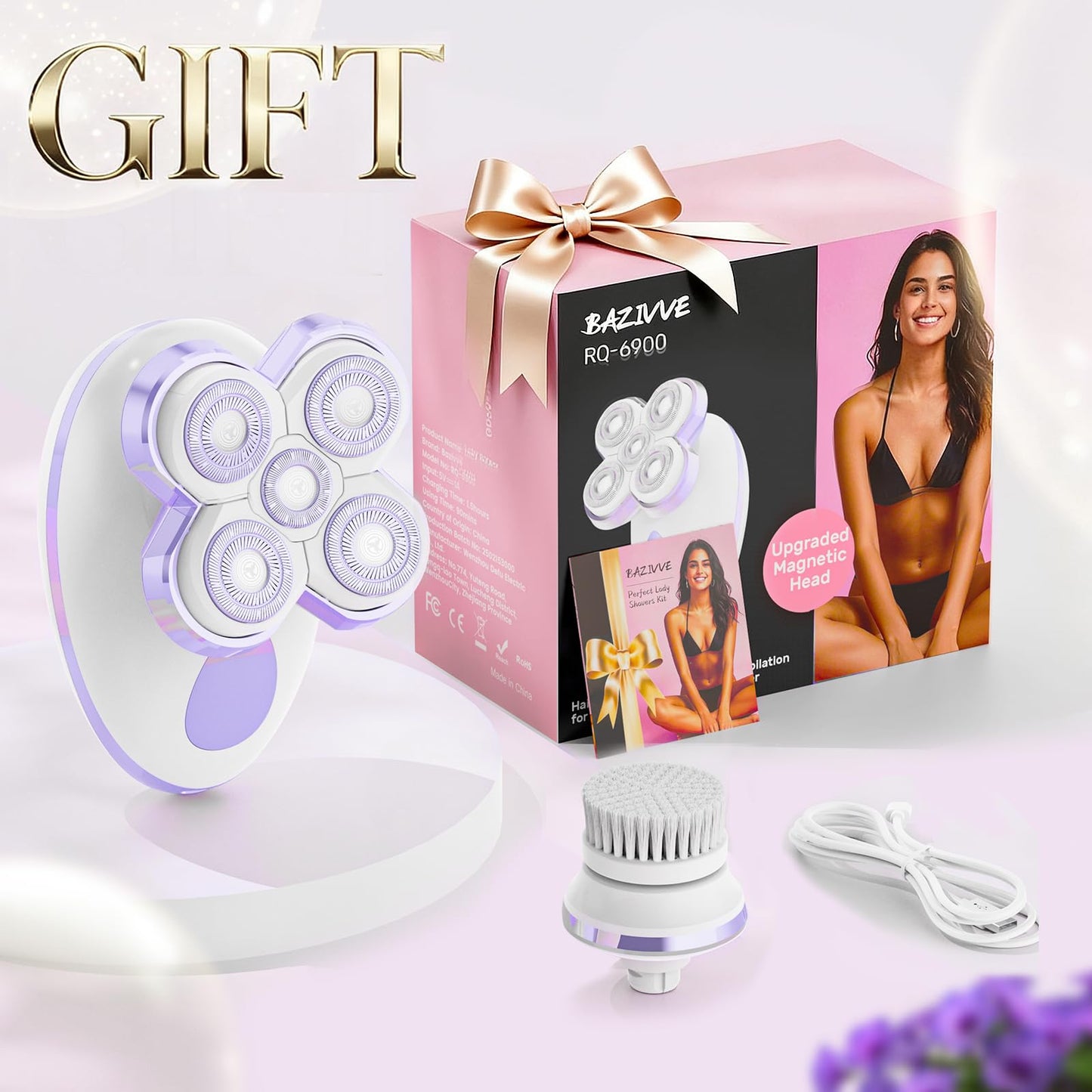 Electric Razors for Women - Upgraded Magnetic Electric Shaver for Women, Cordless Painless Hair Remover for Legs Bikini Face, Lady Trimmer for Sensitive Skin, Detachable and Waterproof, Brass