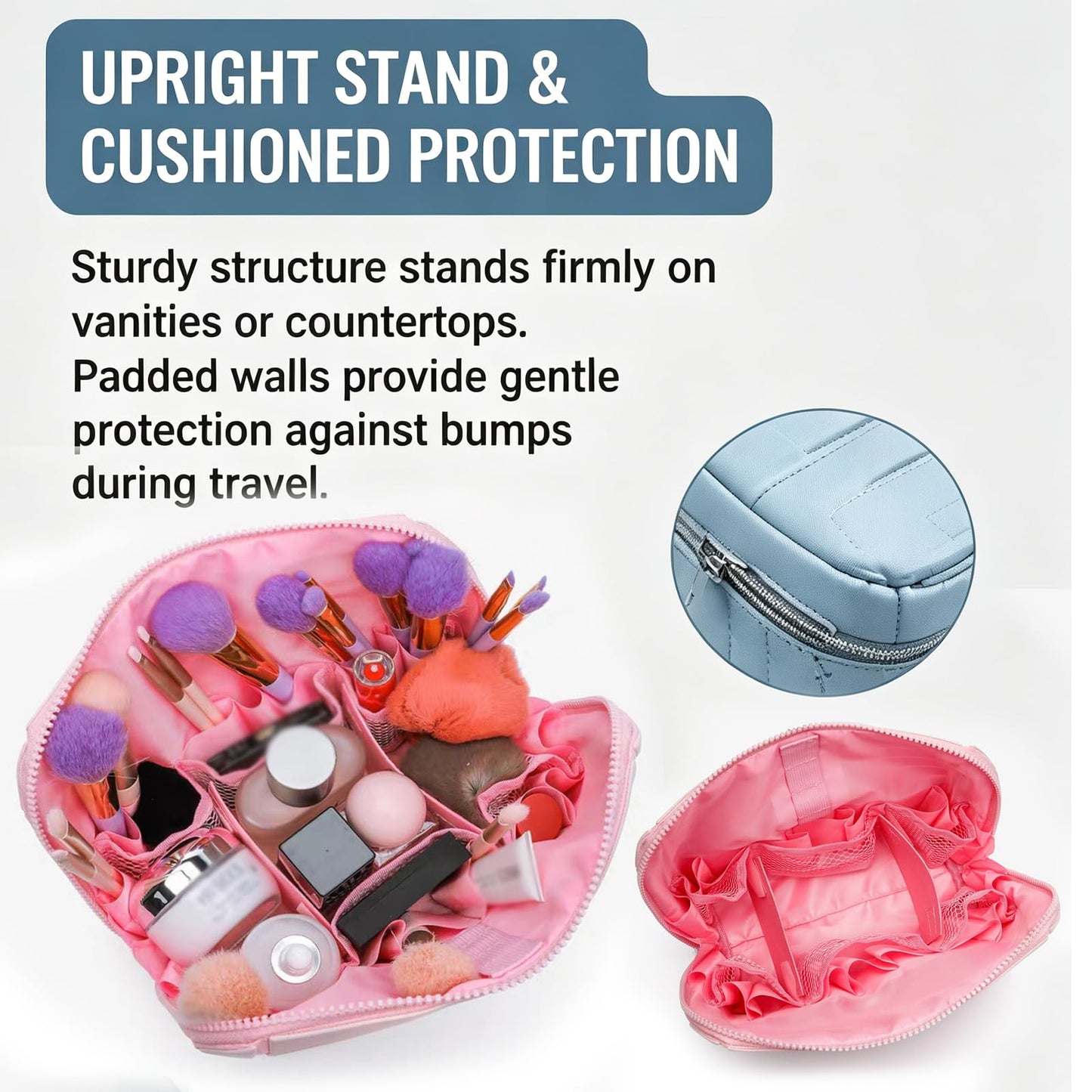 Makeup Bag Fold-Down - Large Capacity Travel Cosmetic Organizer with 27 Pockets, 3 Brush Holders & Adjustable Dividers, Portable Toiletry Case for Daily and Travel Use (Brown)