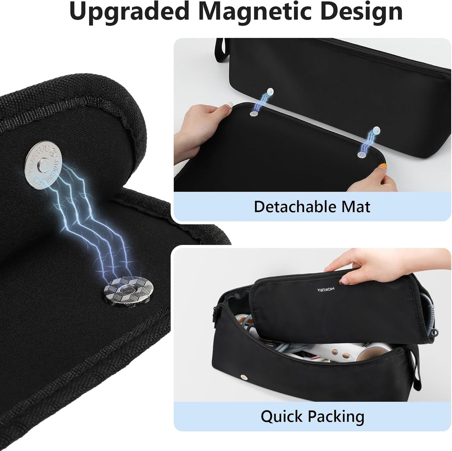 MOKURA Travel Hair Tools Organizer Bag - Heat Resistant Mat, Removable Storage Pouch for Curling Iron & Straightener | Black