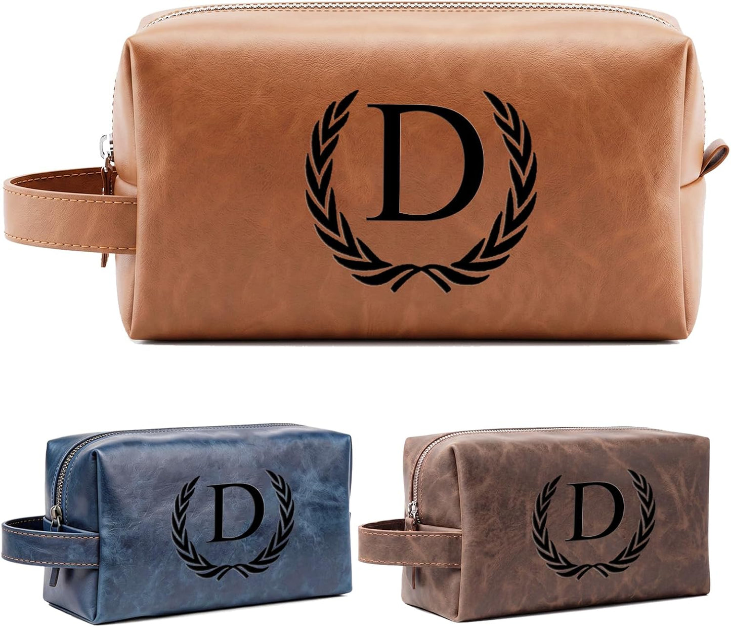 Personalized Leather Toiletry Bag for Men | Engraved Initial Waterproof Travel Bag - Dark Brown