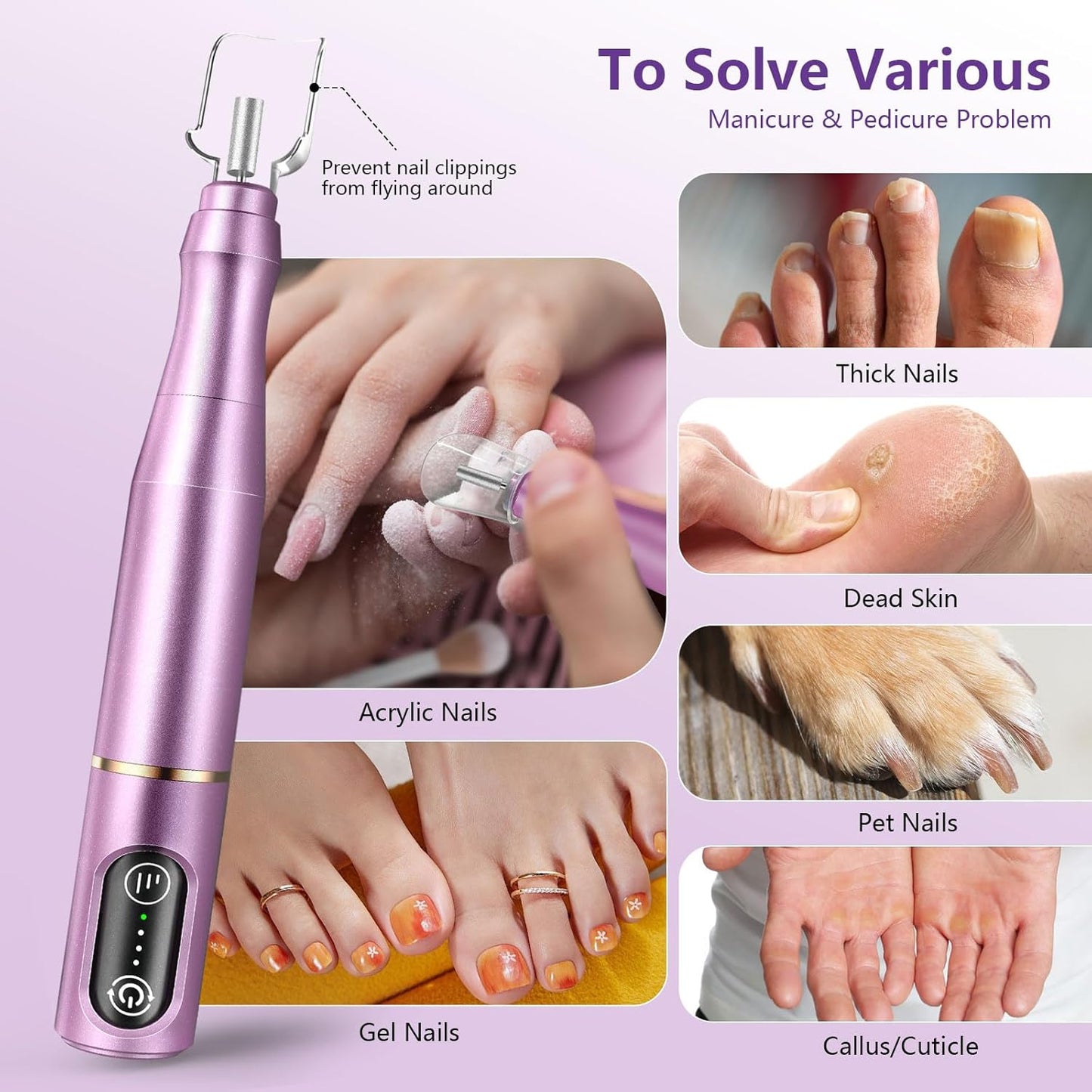 Cordless Nail Drill Electric Nail File Kit - Rechargeable Efile Set | Portable Manicure & Pedicure Tool, 11 Bits, Purple