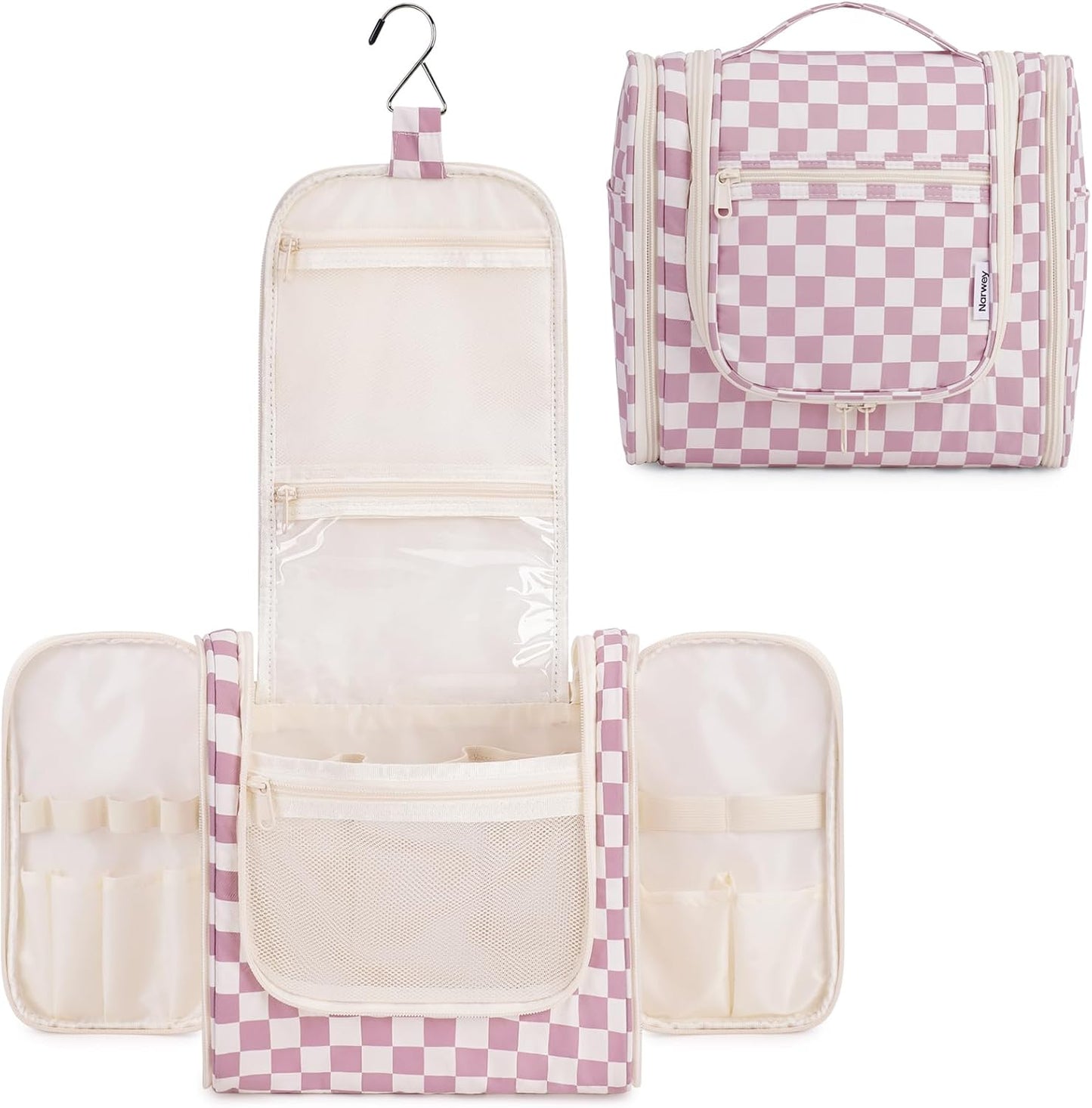 Narwey Travel Toiletry Bag - Small Striped Makeup Organizer for Women | Mint Green Stripe