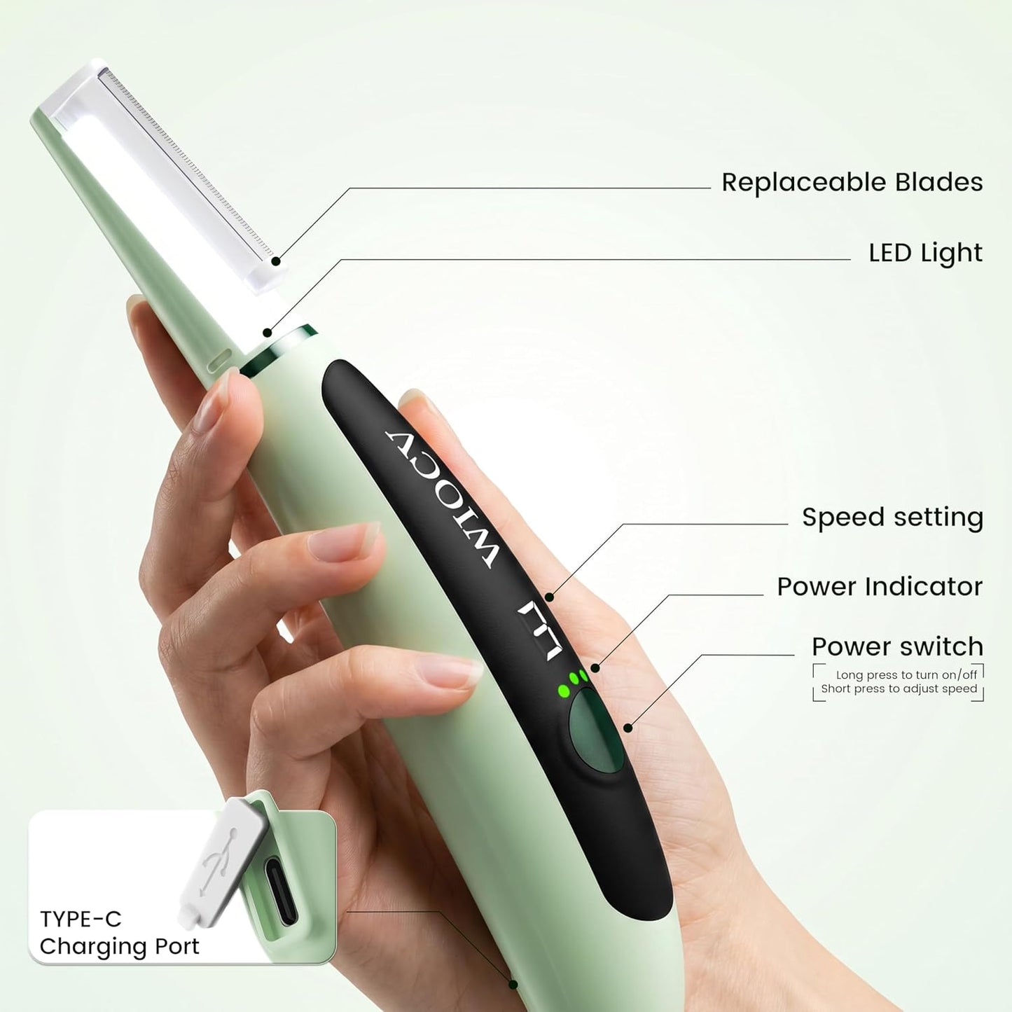 Dermaplane Razor for Women - Gentle Facial Hair Removal Tool with LED Light & 12 Blades | Rechargeable, Green