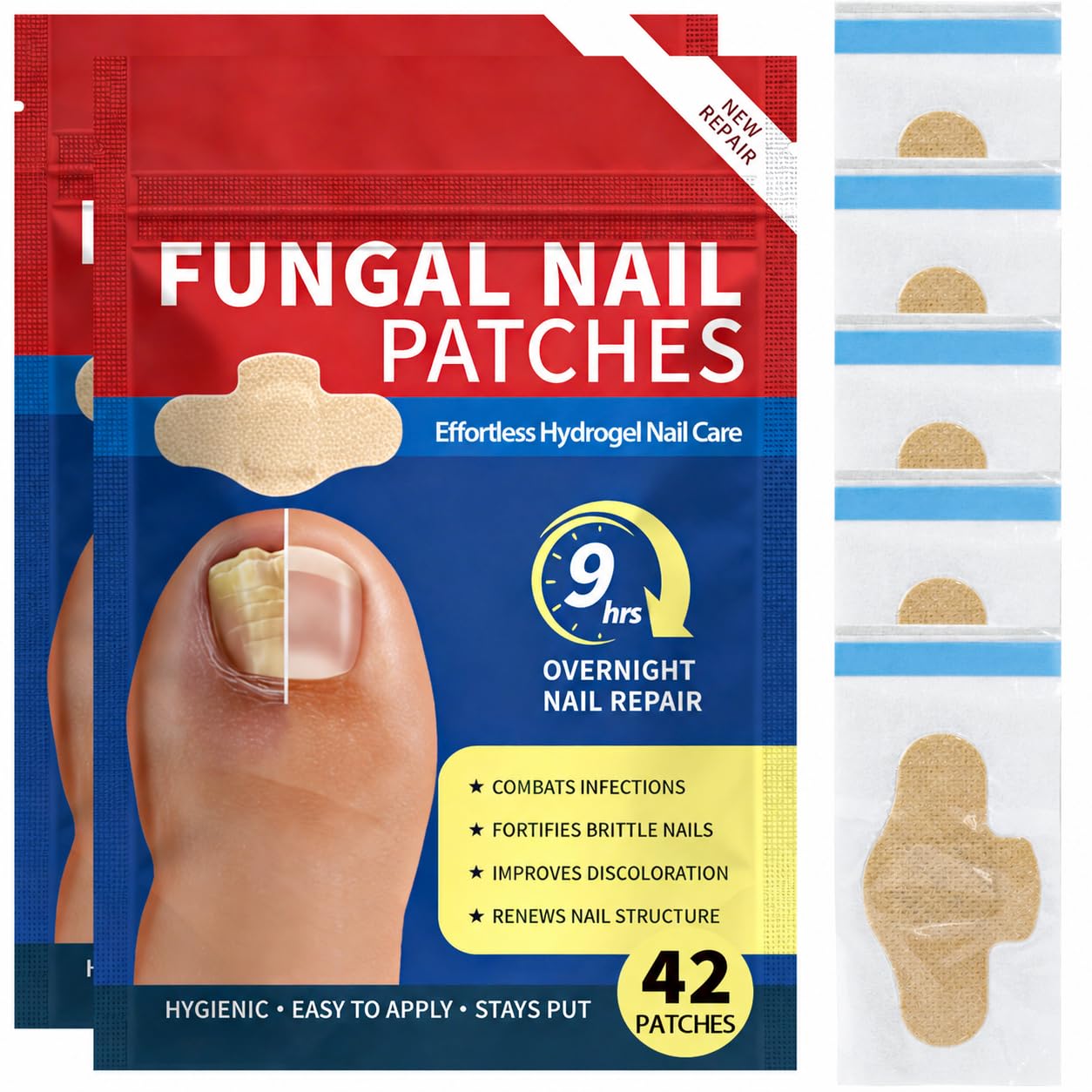 Fungal Nail Patches - 42 Pcs Nail Repair Patches for Discolored & Damaged Toenails | 9-Hour Adhesion, Overnight Renewal