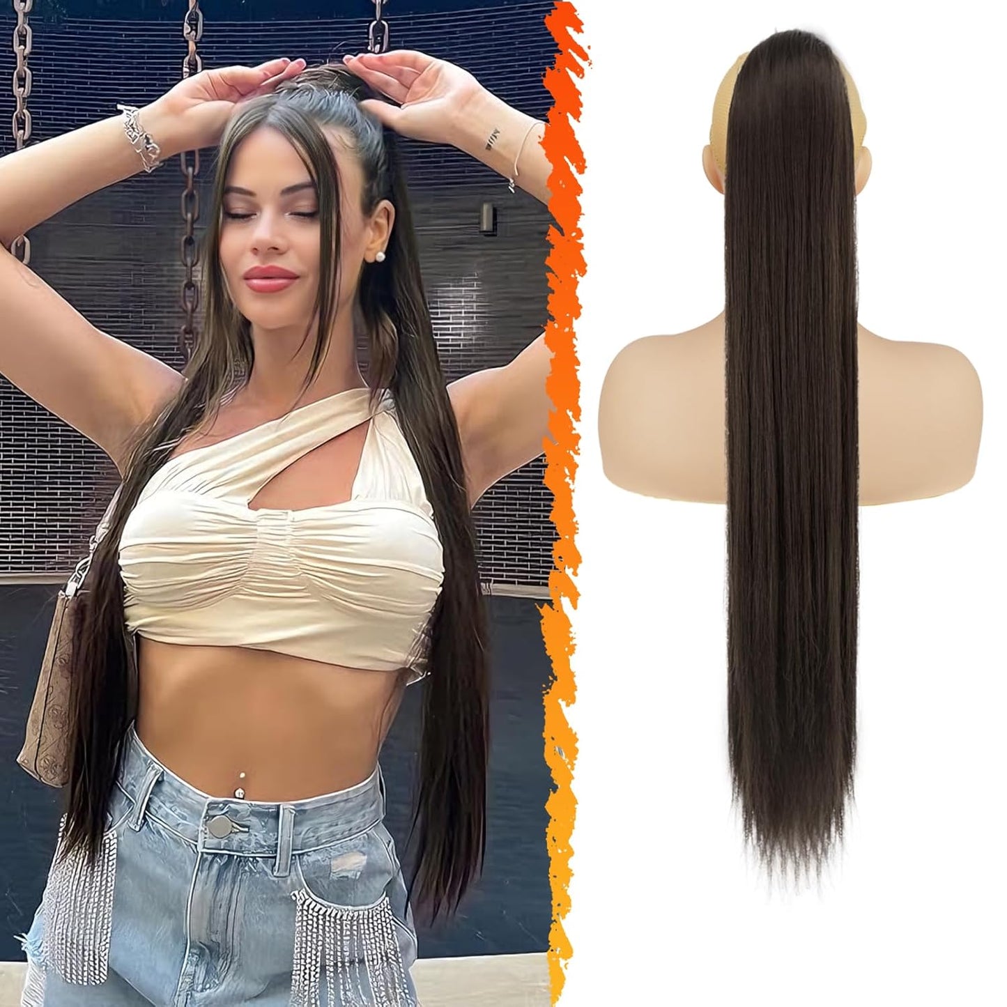 Long Straight Ponytail Extension - 26 Inch Brown Synthetic Clip-In Hairpiece for Women | Light Brown Mixed