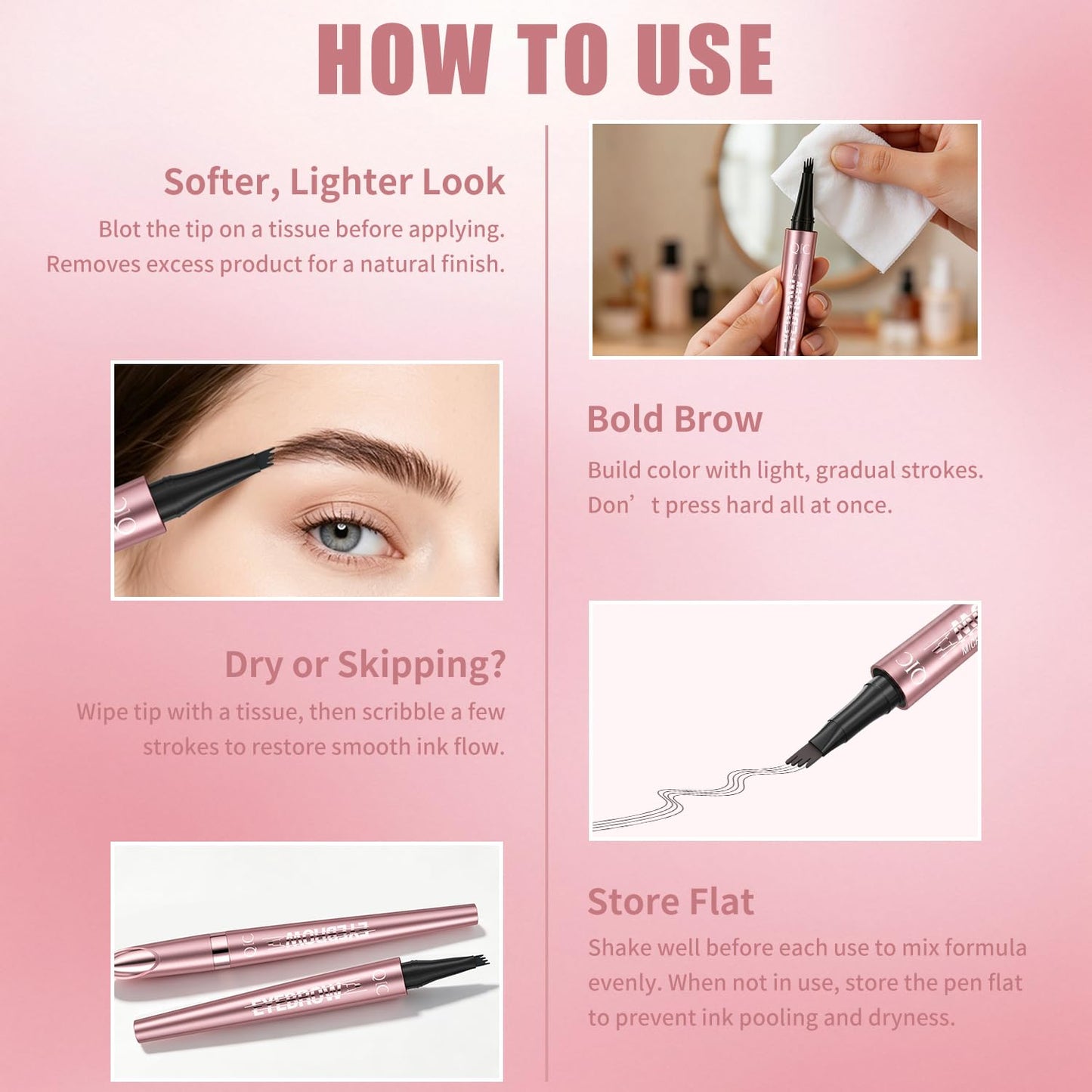 QIC 4-Tip Microblading Eyebrow Pen, Waterproof Brow Marker for Natural Hair-Like Strokes, Quick-Dry Smudge-Resistant, Light Brown