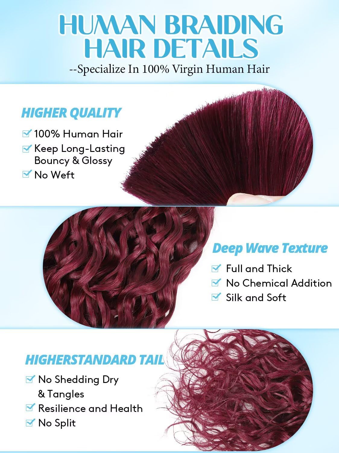 100% Unprocessed Human Hair - #99J Burgundy Curly Braiding Hair Extensions | 14 Inch, 100g, 2 Bundles