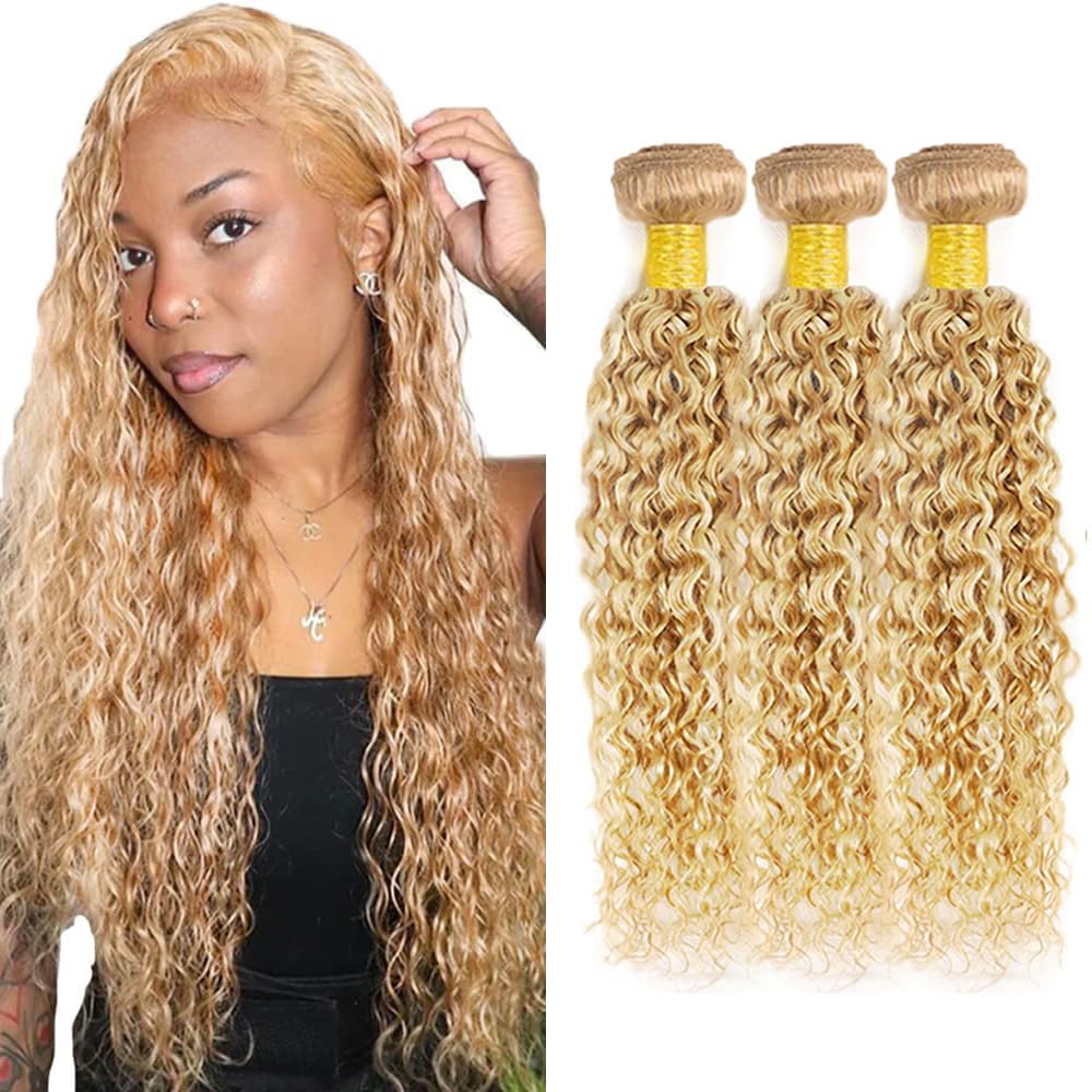 DiexrLamx P27/613 Human Hair Bundles Honey Blonde Curly Bundle 24 26 28 Inch 150g 8A Brazilian Virgin Hair 3 Bundle Blonde Highlight Curly Bundle