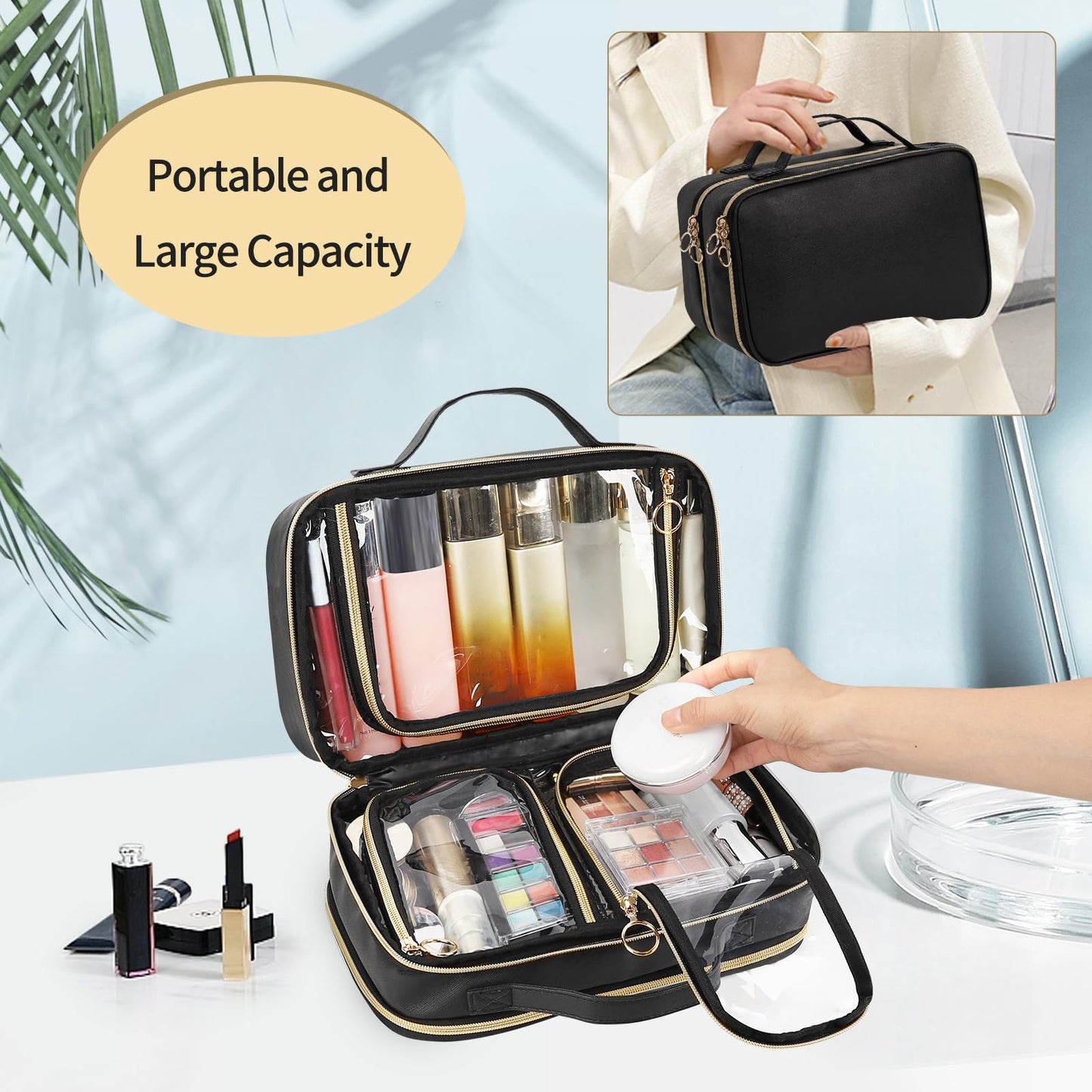 OCHEAL Travel Toiletry Bag, Double Layer Clear Makeup Bag Organizer Large Capacity Cosmetic Bag for Traveling Women Beauty Essentials, Multiple Compartments Makeup Case- Black