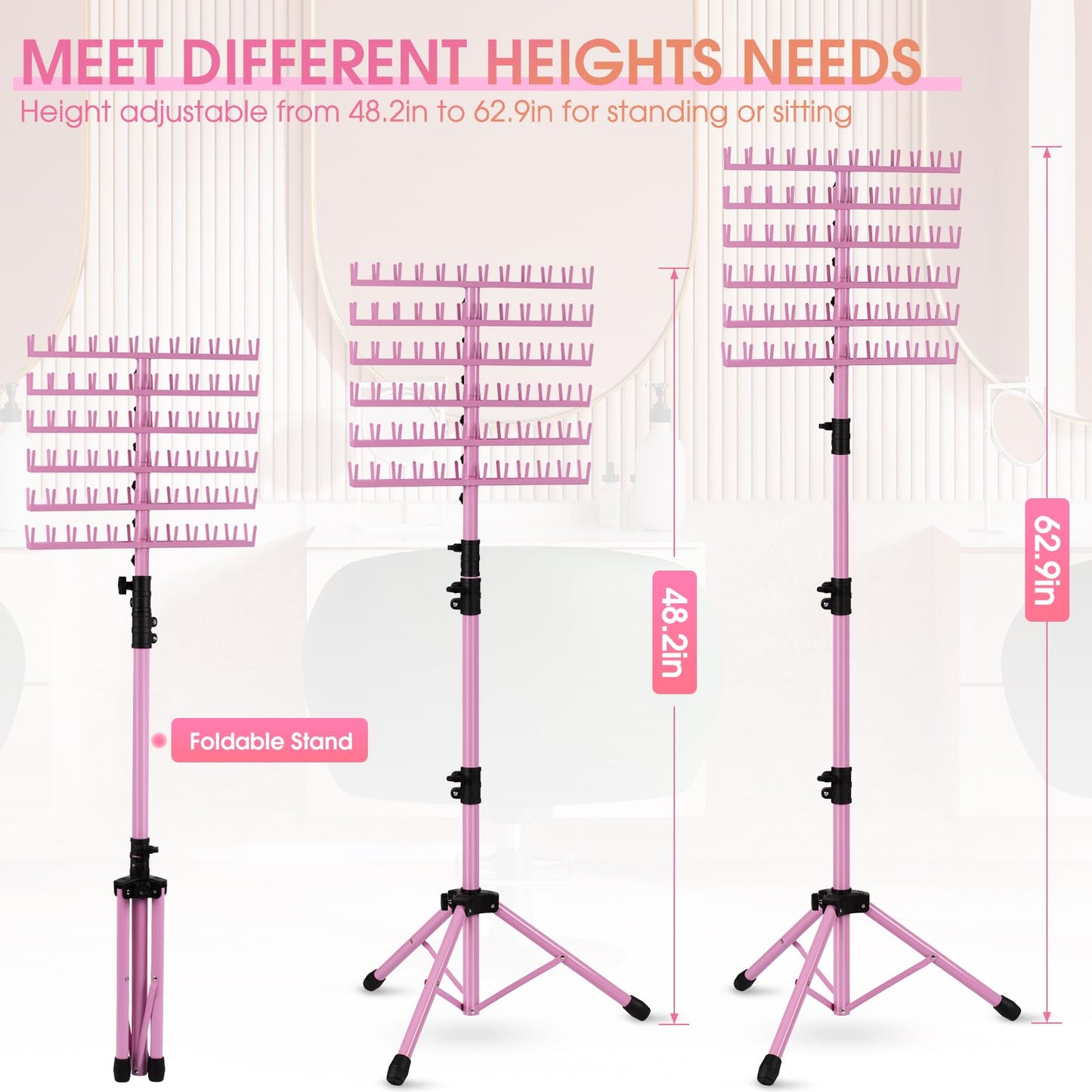 Klvied Braiding Hair Rack Standing 144 Pegs, Heavy Duty Hair Racks for Braiders Standing, Hair Divider Rack for Braiding Hair Separator, Braiding Rack with Carrying Bag and Hair Braiding Tools, Pink
