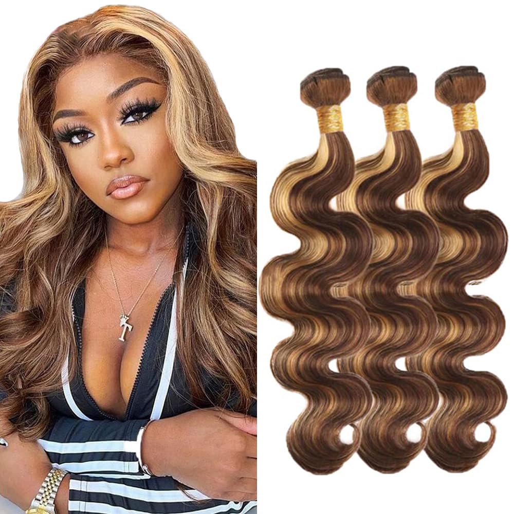 24 26 28 Inch P4/27 Blonde Bundles Human Hair Body Wave 3 Bundles Brazilian Remy Hair 50 Grams/Bundle 10A Grade Highlight Blonde Body Wave Bundle Unprocessed Virgin Hair Weaves Extensions